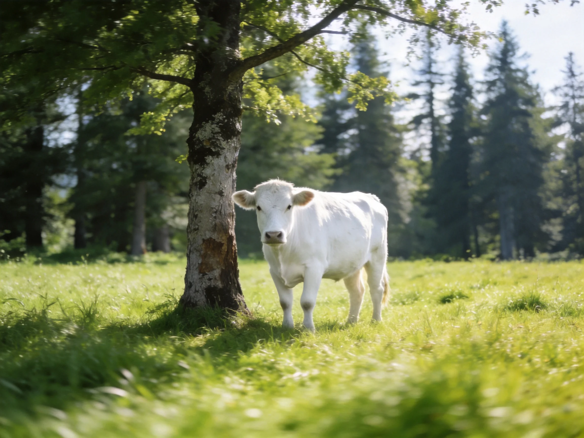 A white cow stands near a tree in a lush green meadow