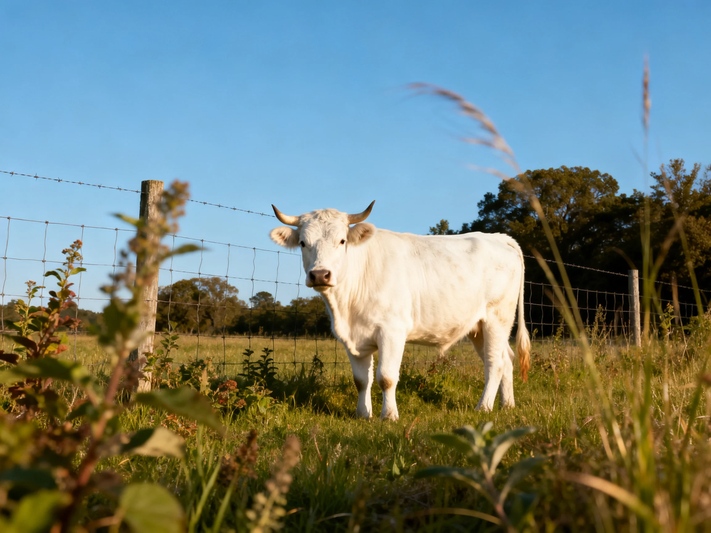 A white cow stands near a wire fence in a sunny pasture