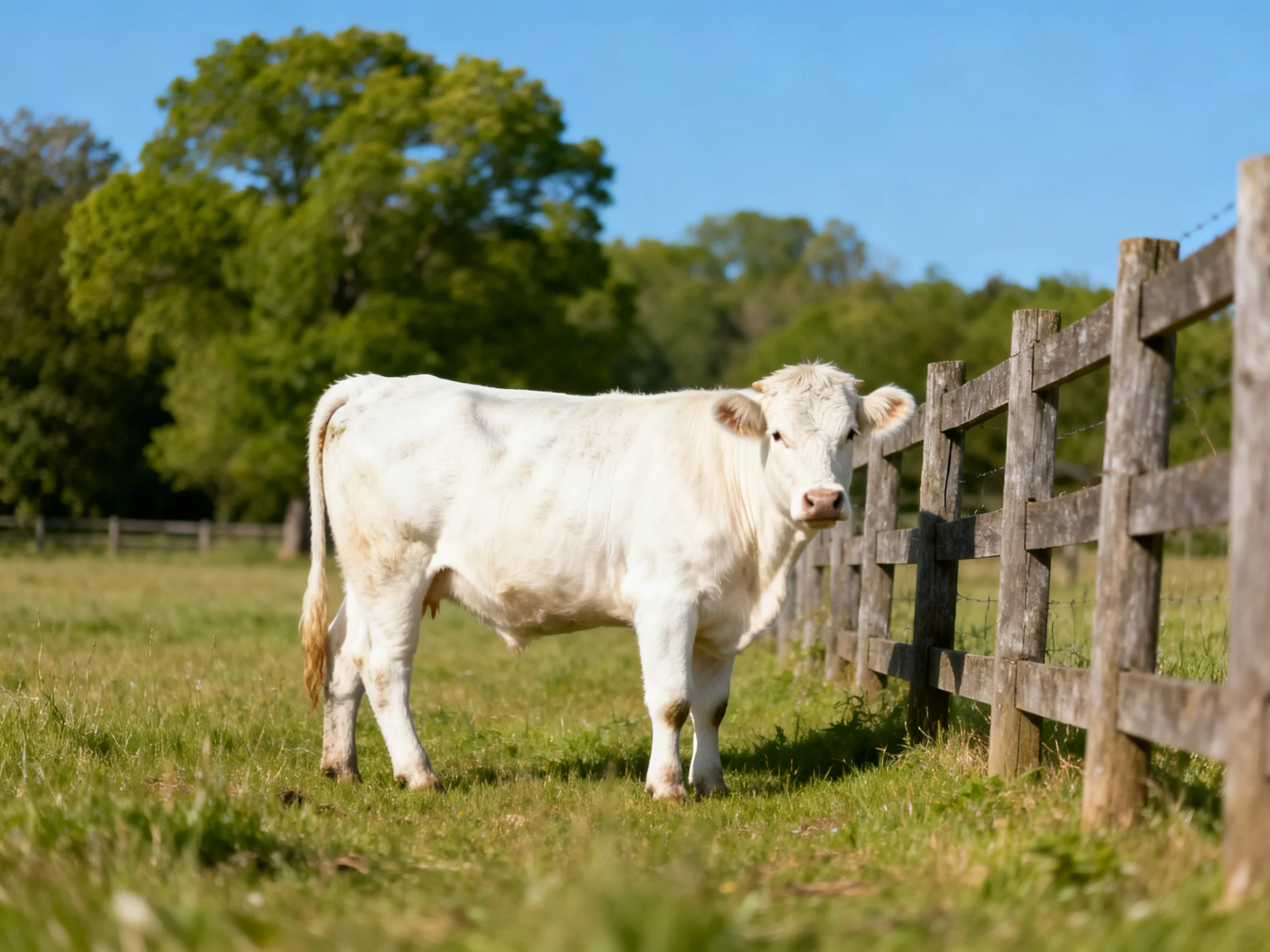 A white cow stands near an aged wooden fence in a sunny pasture
