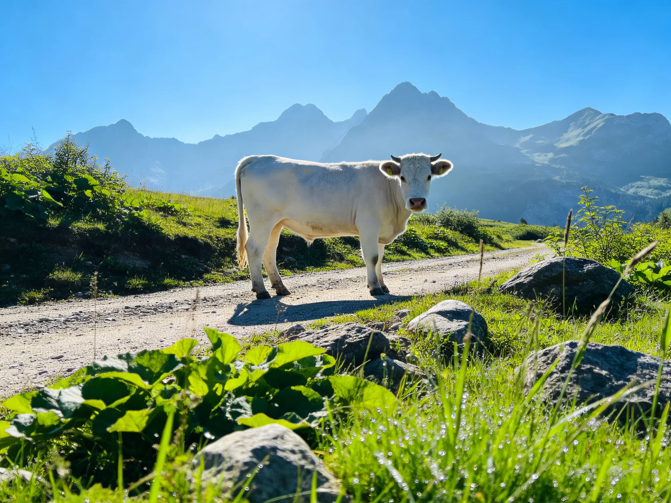 A white cow stands on a dirt path near lush greenery and distant mountains
