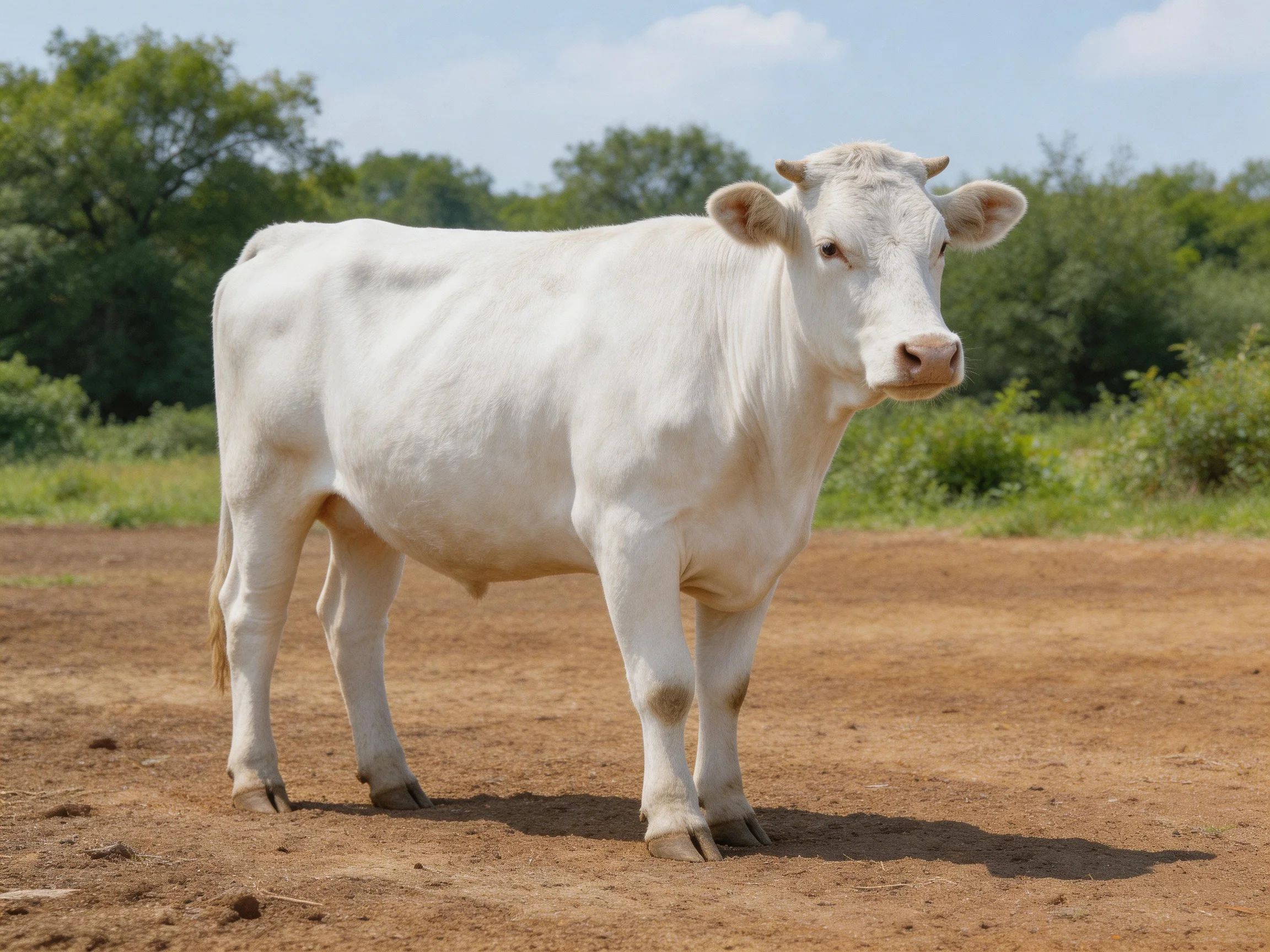 A white cow stands on a dusty field near green trees