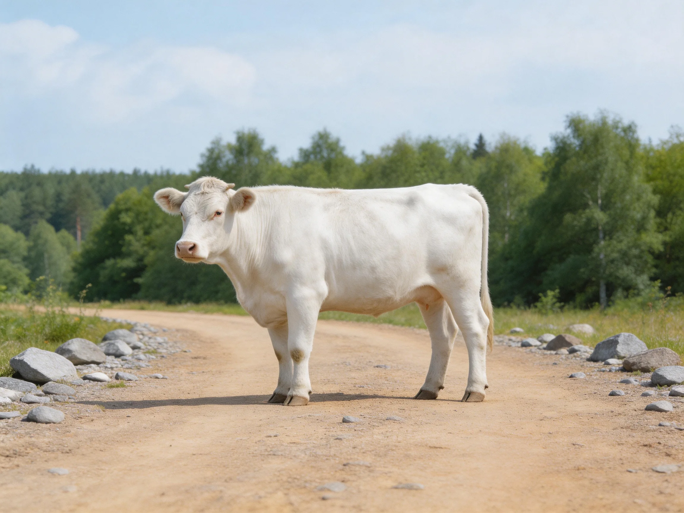 A white cow stands on a rocky dirt road beside lush green forests