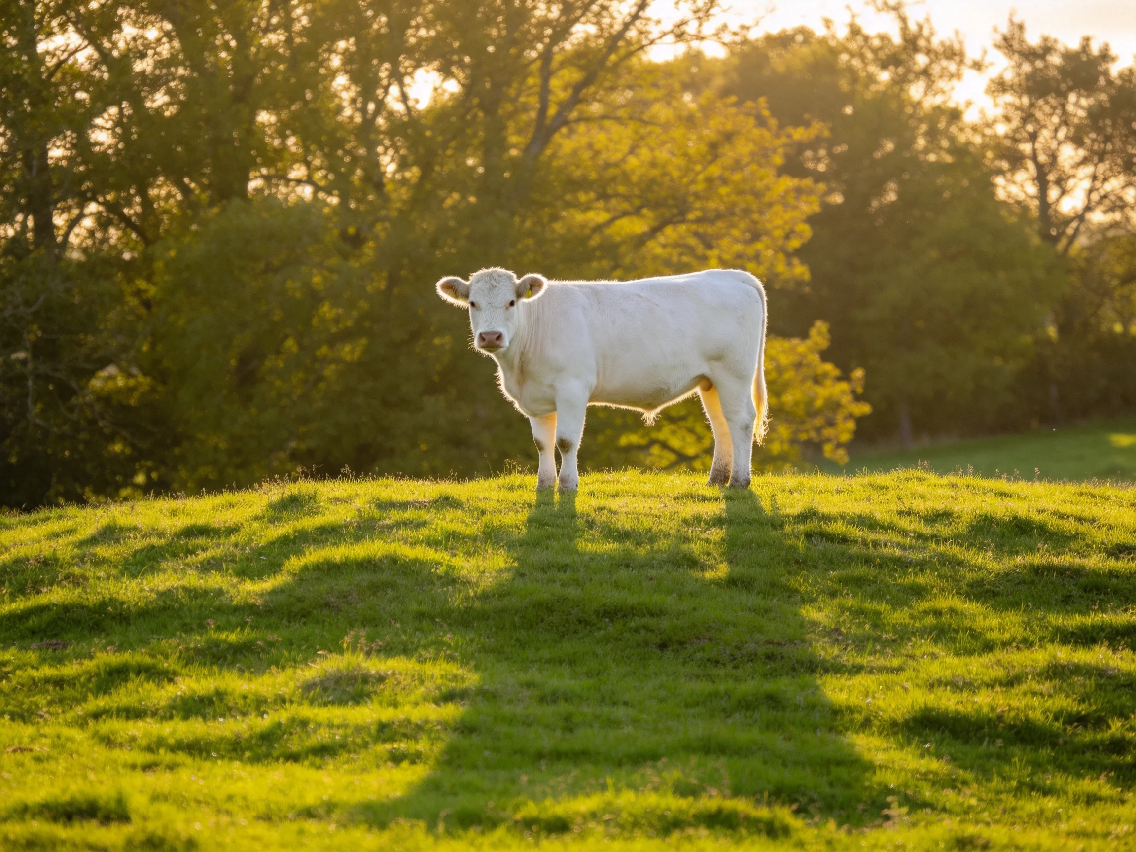 A white cow stands on a sunlit grassy hillside with trees in the background.