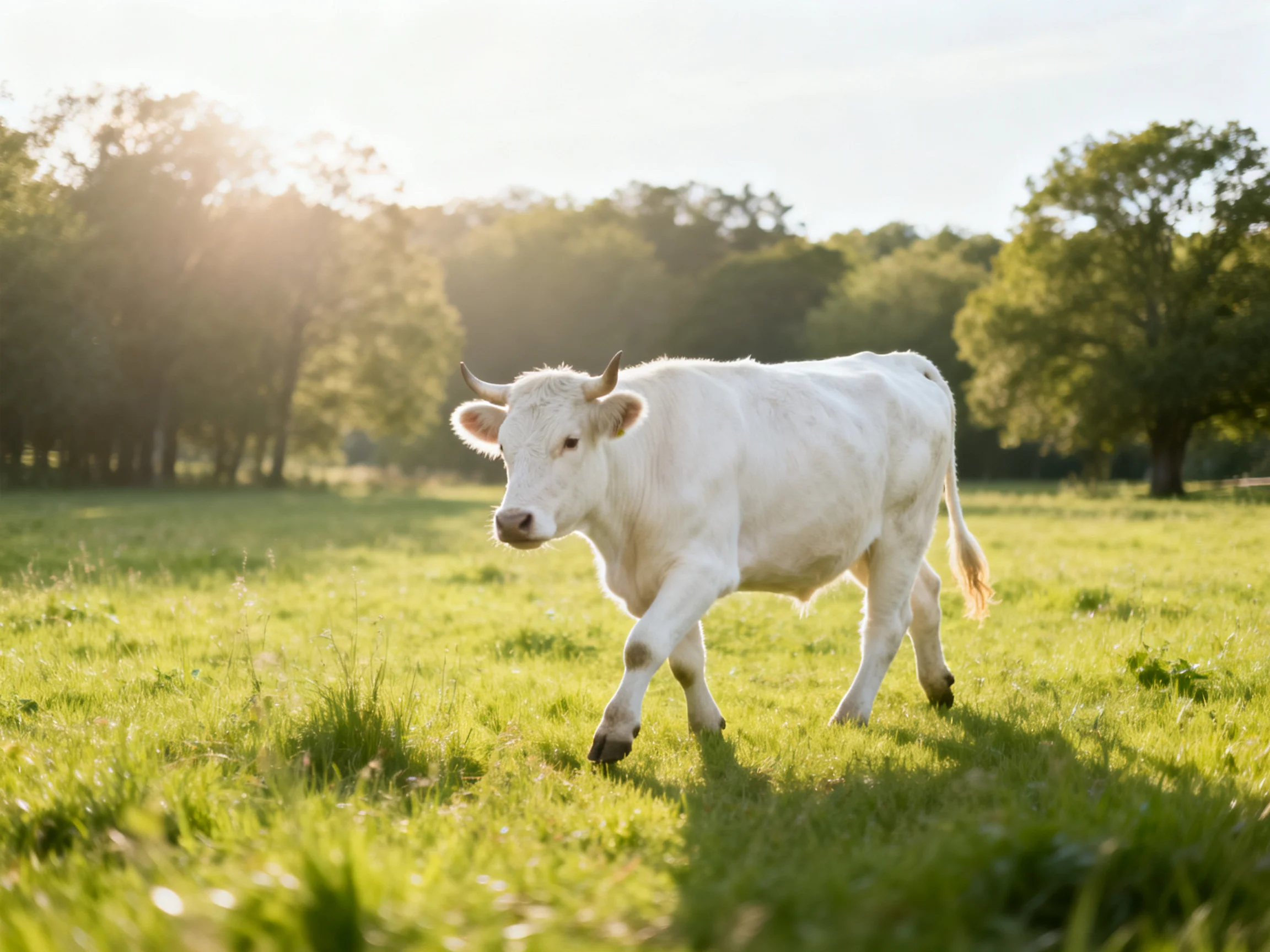 A white cow strolls through a sunlit green pasture with trees nearby
