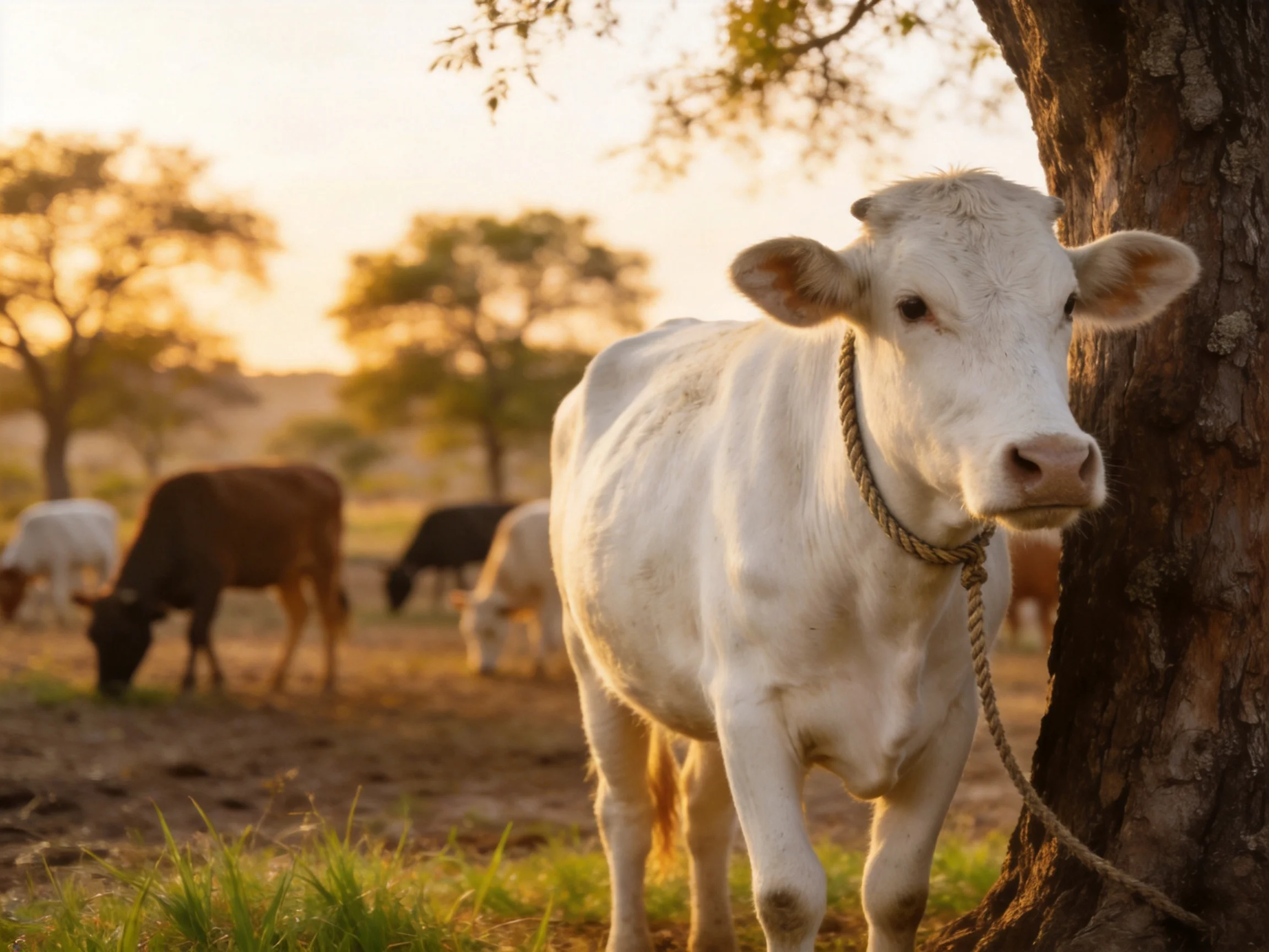 A white cow tied near a tree with grazing cattle in golden light