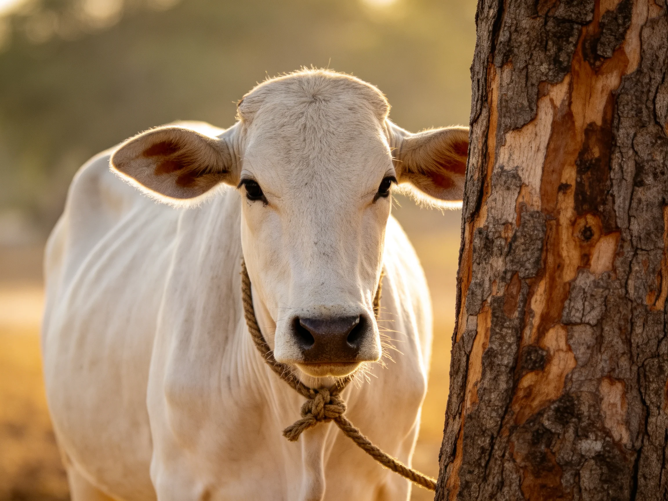 A white cow tied to a textured tree trunk in golden light