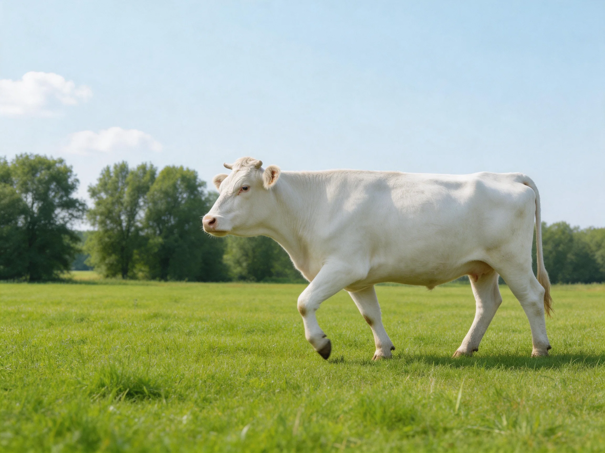 A white cow walking through a lush green pasture near tall trees