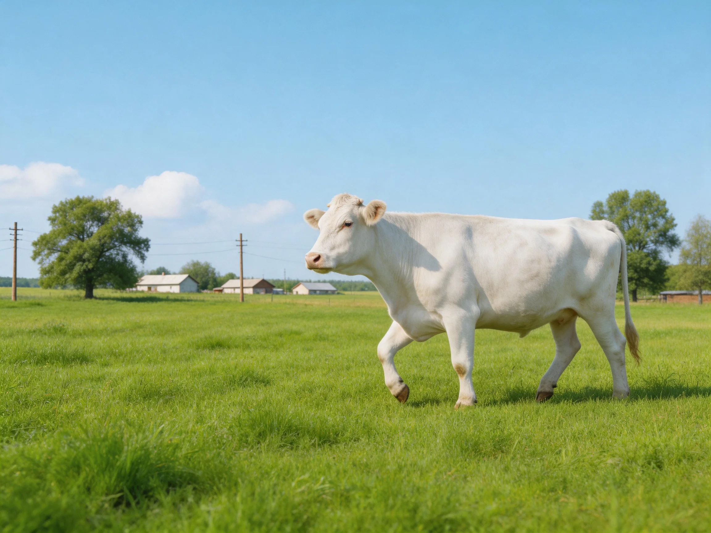 A white cow walking through a lush green pasture