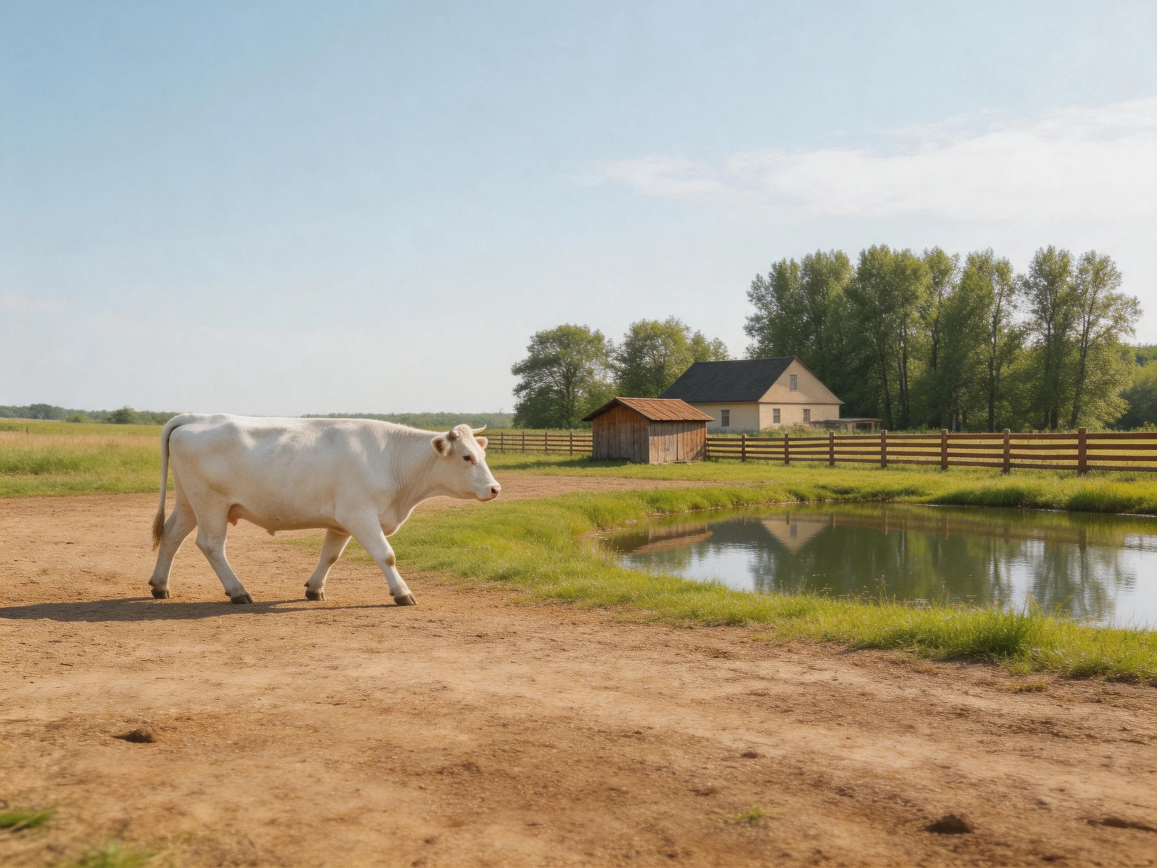 A white cow walks near a pond by farm buildings