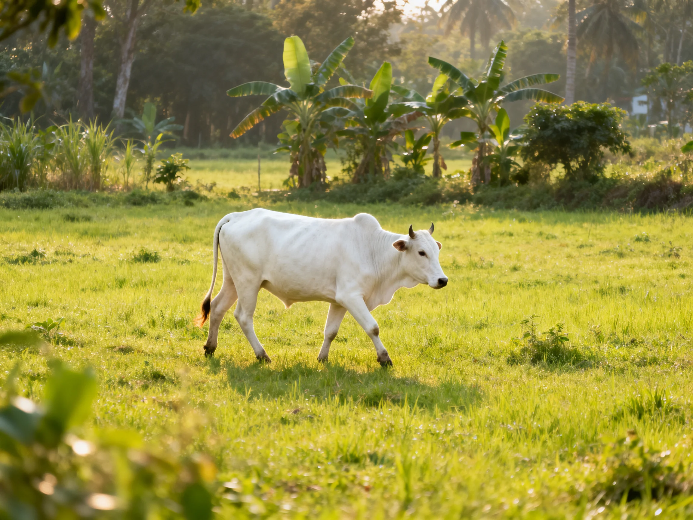 A white cow roams a sunlit green pasture near tropical vegetation.