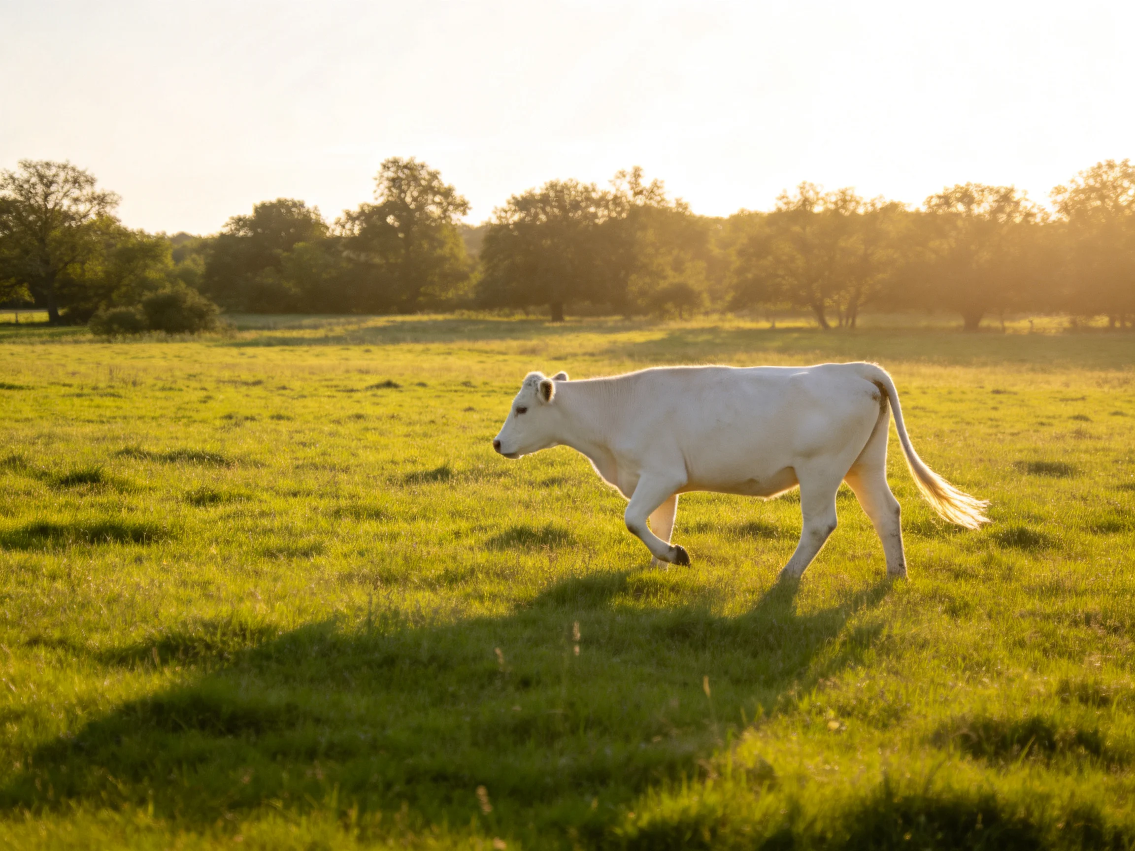 A white cow moves across a sunlit green pasture with trees in the distance.
