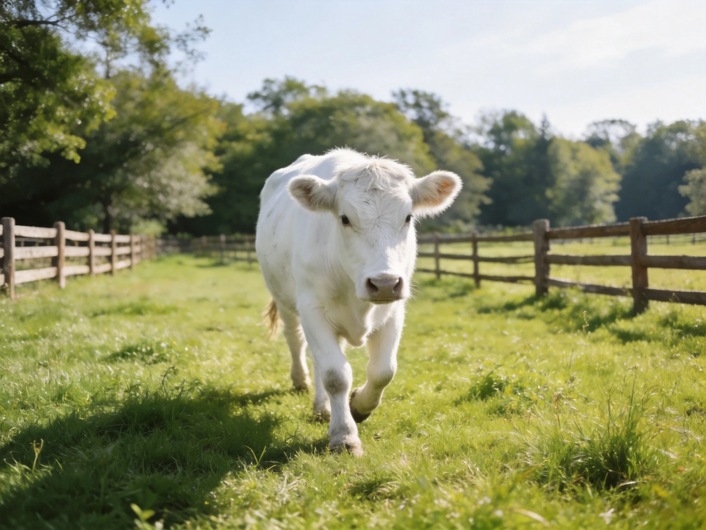 A white cow walks through a sunlit green pasture with wooden fences
