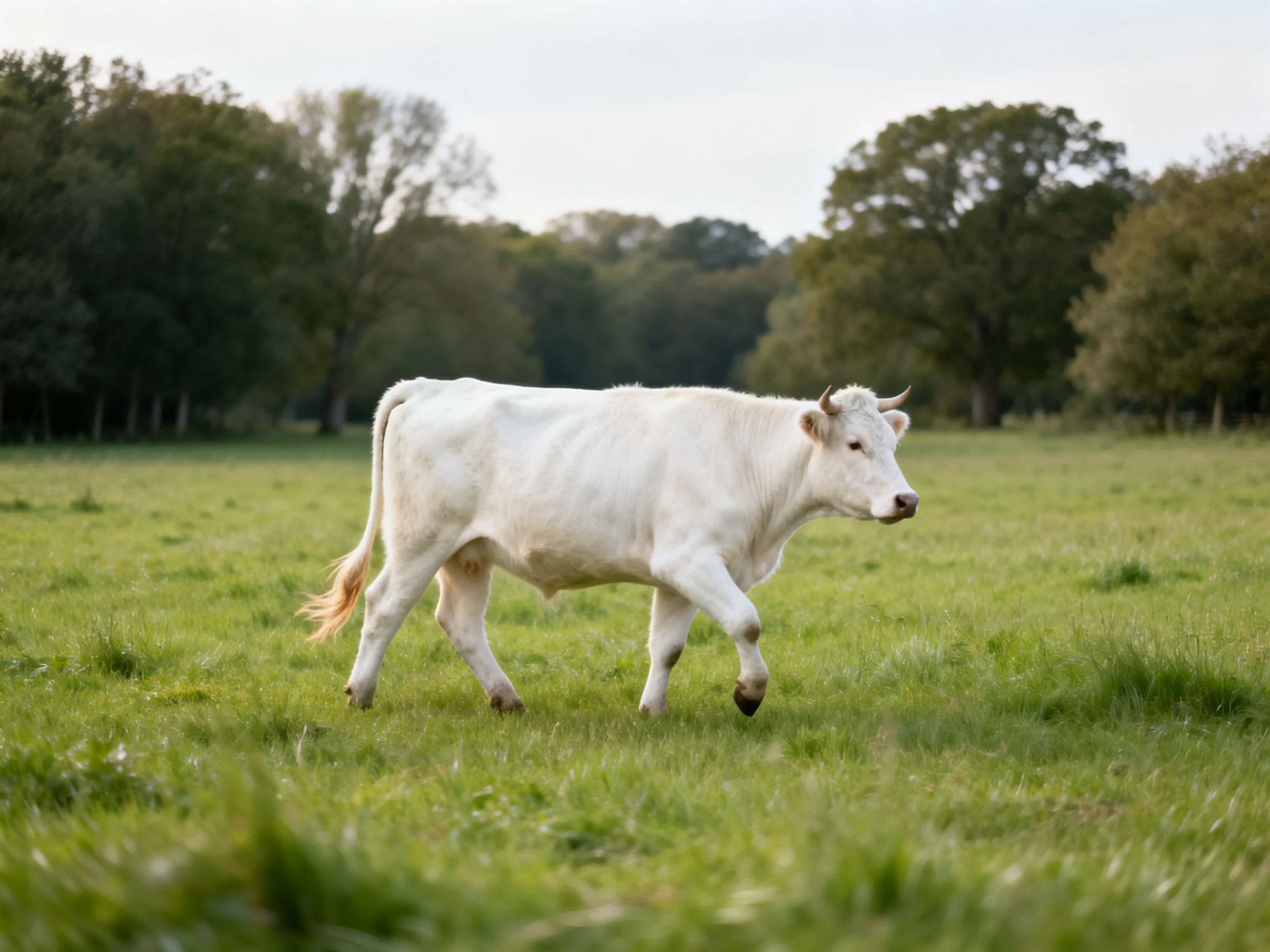 A white cow moves through a grassy field near tall trees.