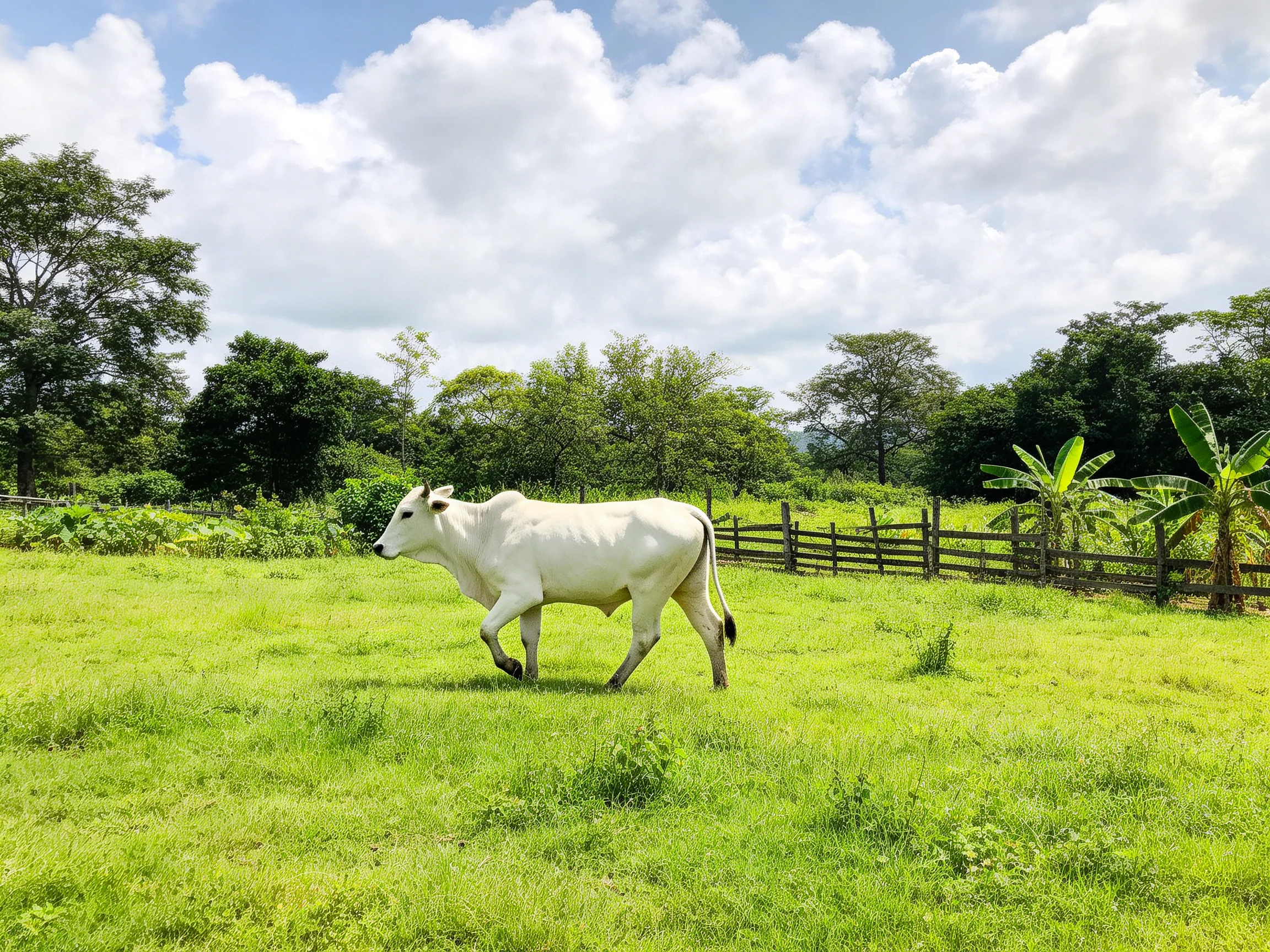 A white cow wanders a lush green pasture with wooden fencing