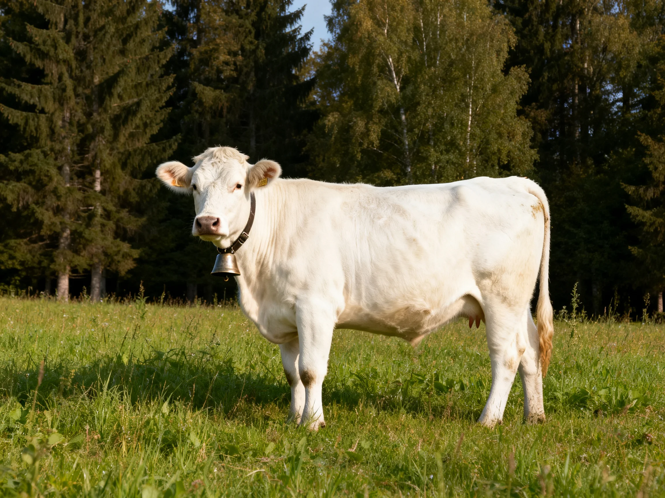 A white cow with a bell stands in a lush green meadow near tall trees