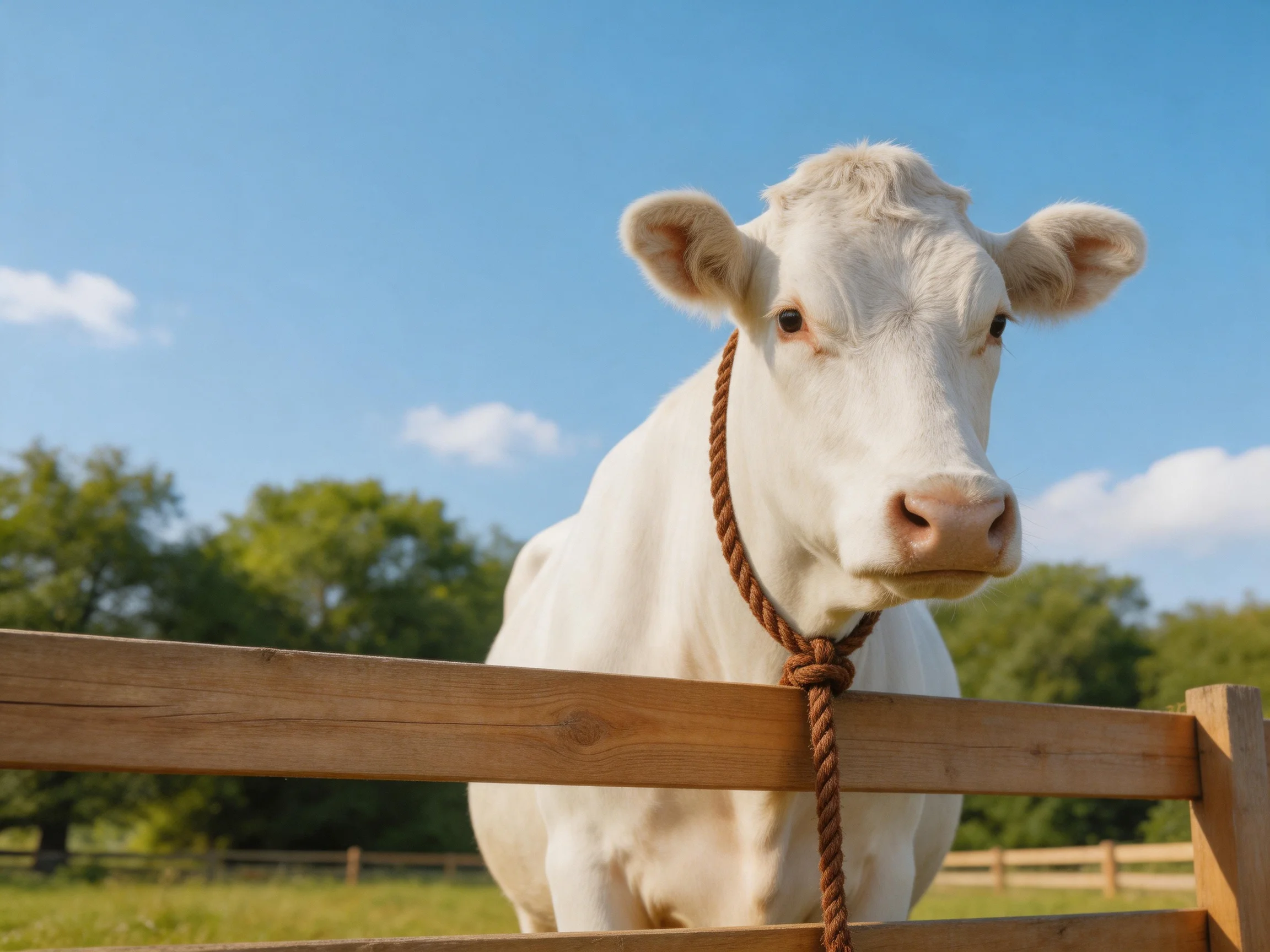 A white cow with a brown rope near a wooden fence under clear blue sky
