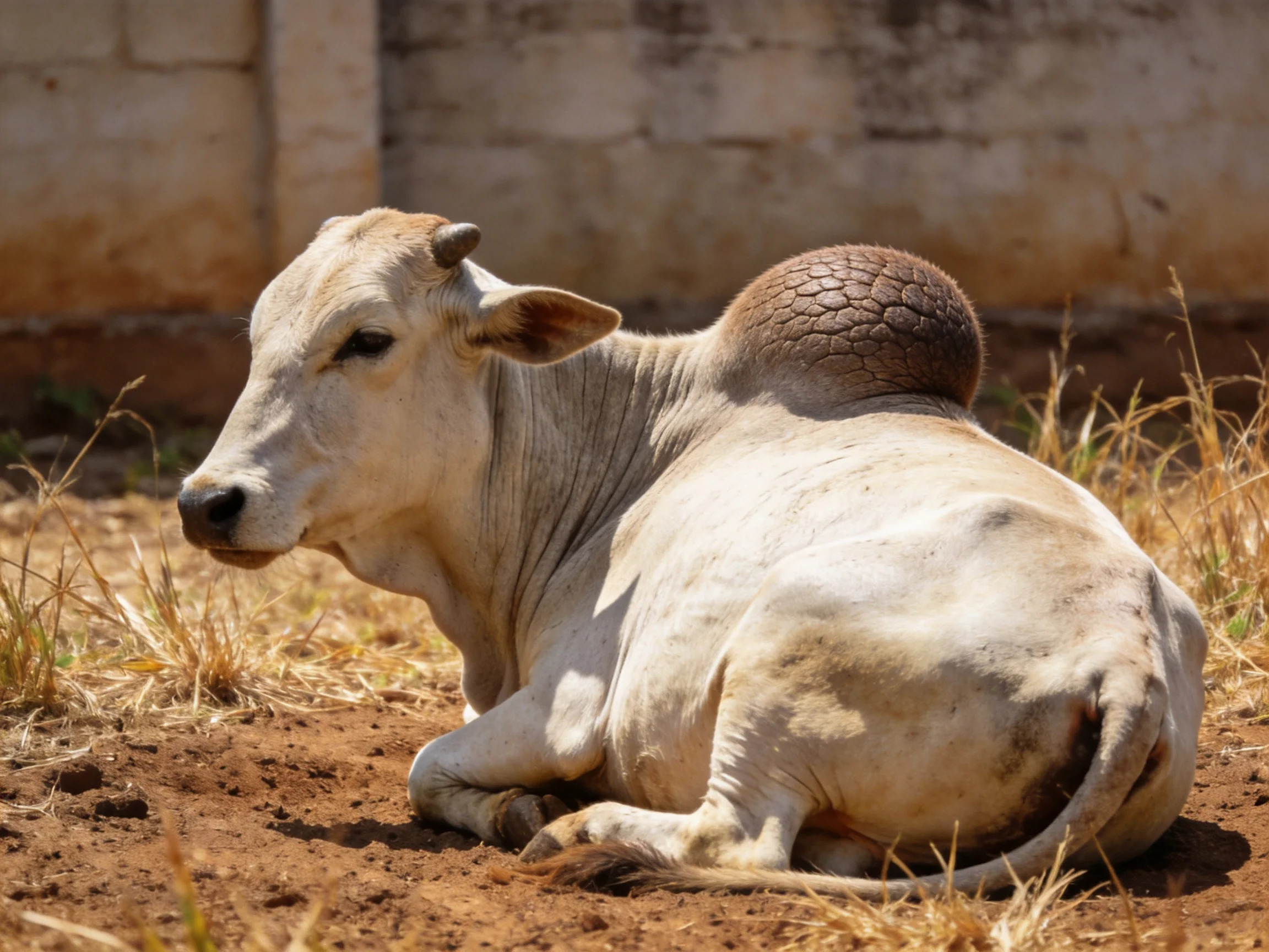 A white cow with a large brown hump rests on dusty ground near an old wall