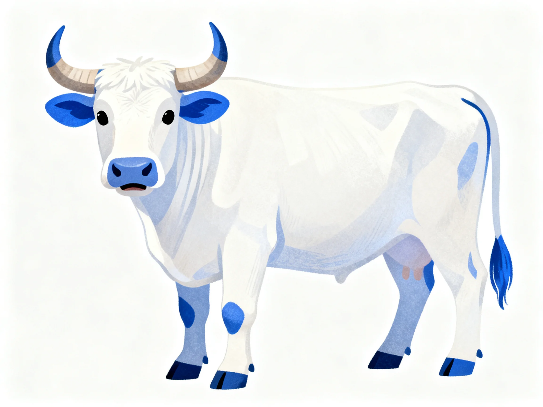 A white cow with blue accents and curved horns