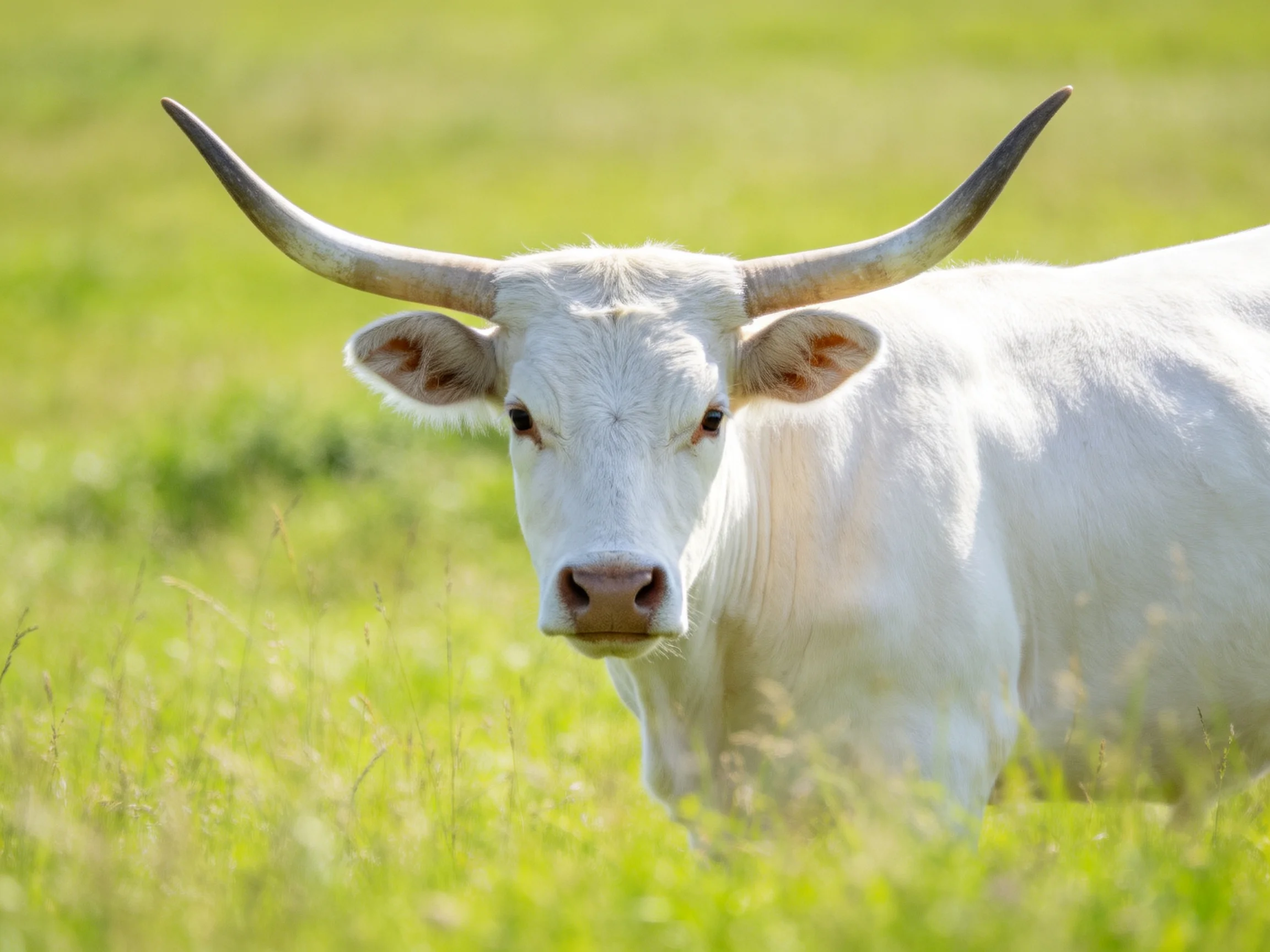 A white cow with large curved horns in a sunlit green meadow