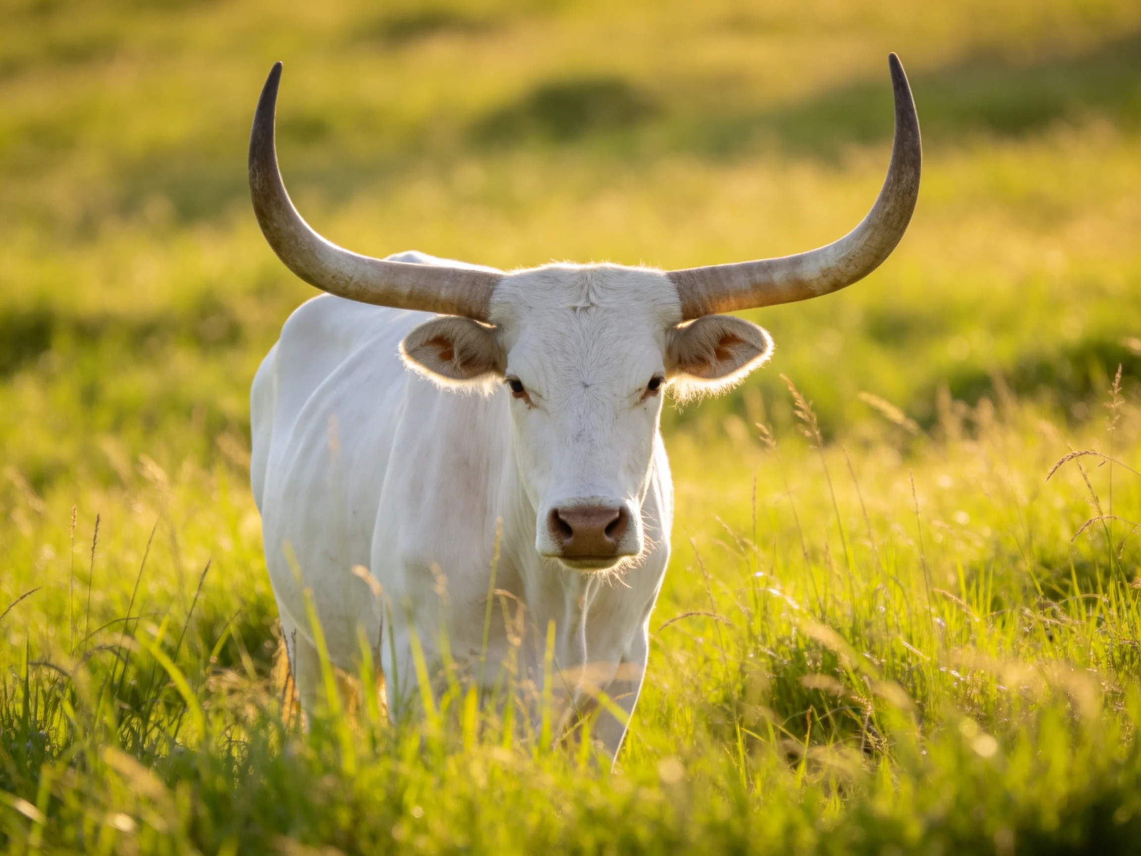 A white cow with large curved horns in a sunlit green meadow