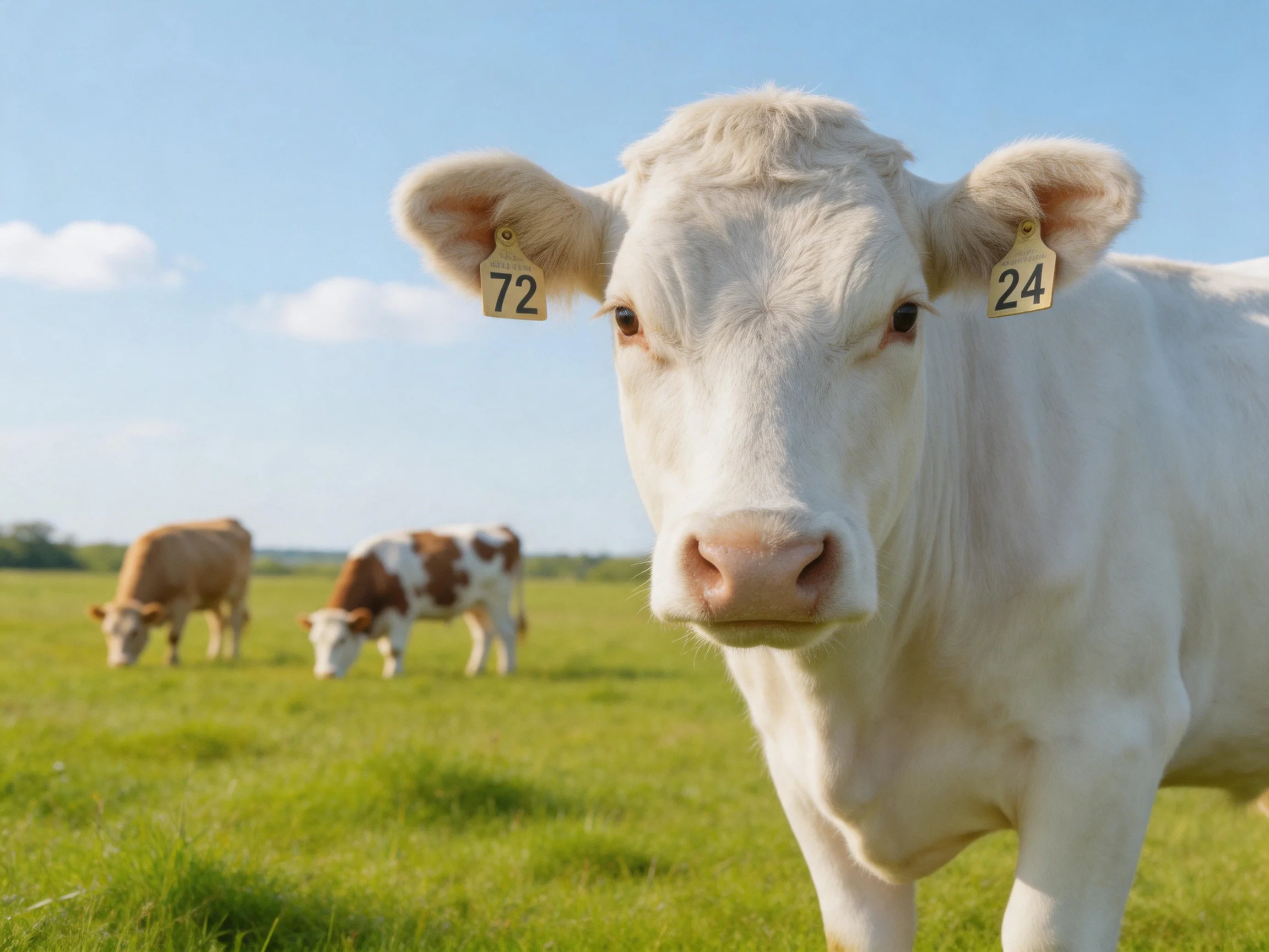 A white cow with numbered ears stands near two grazing cows in a green pasture