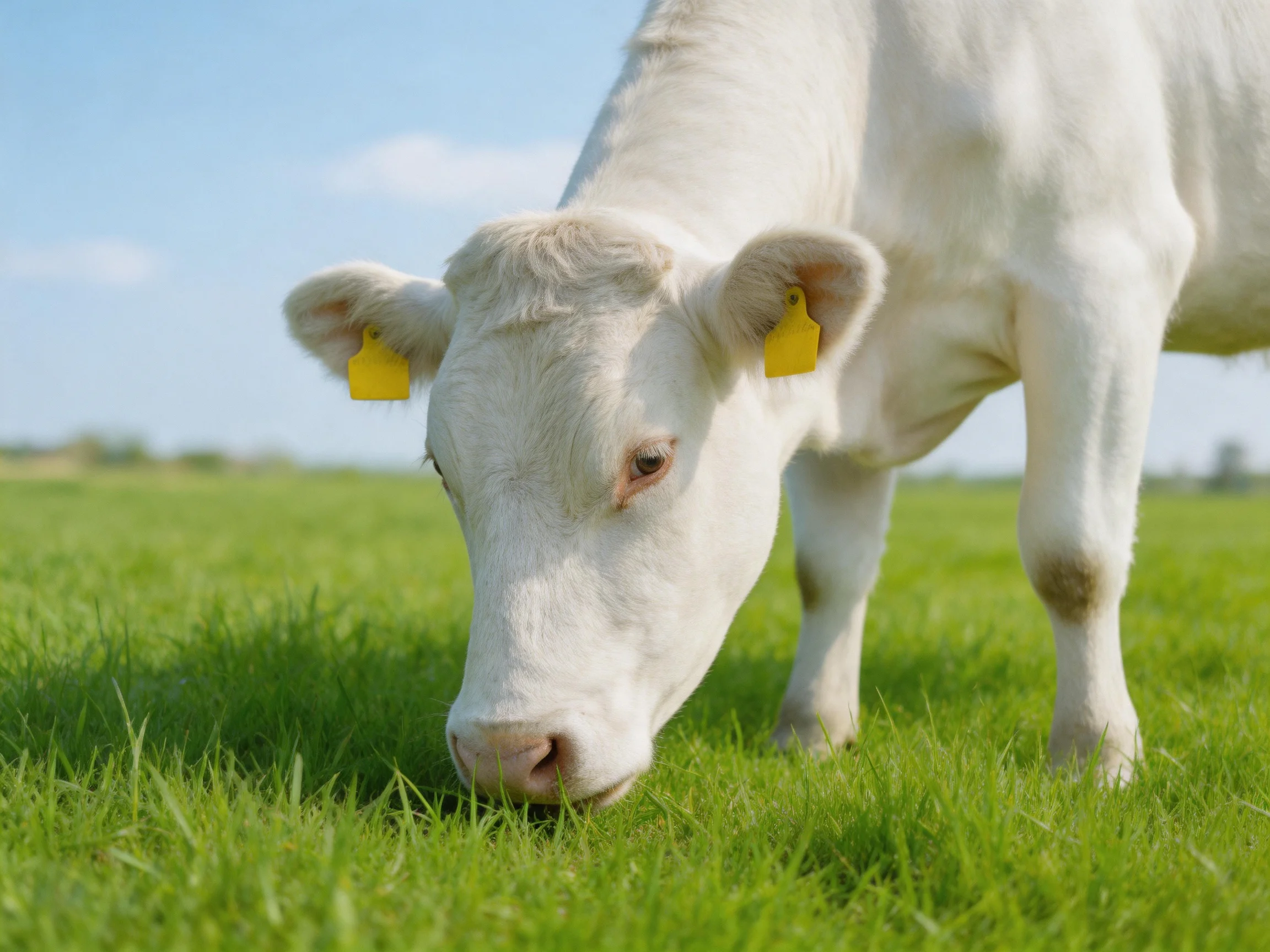 A white cow with yellow ear tags grazing in a lush green pasture