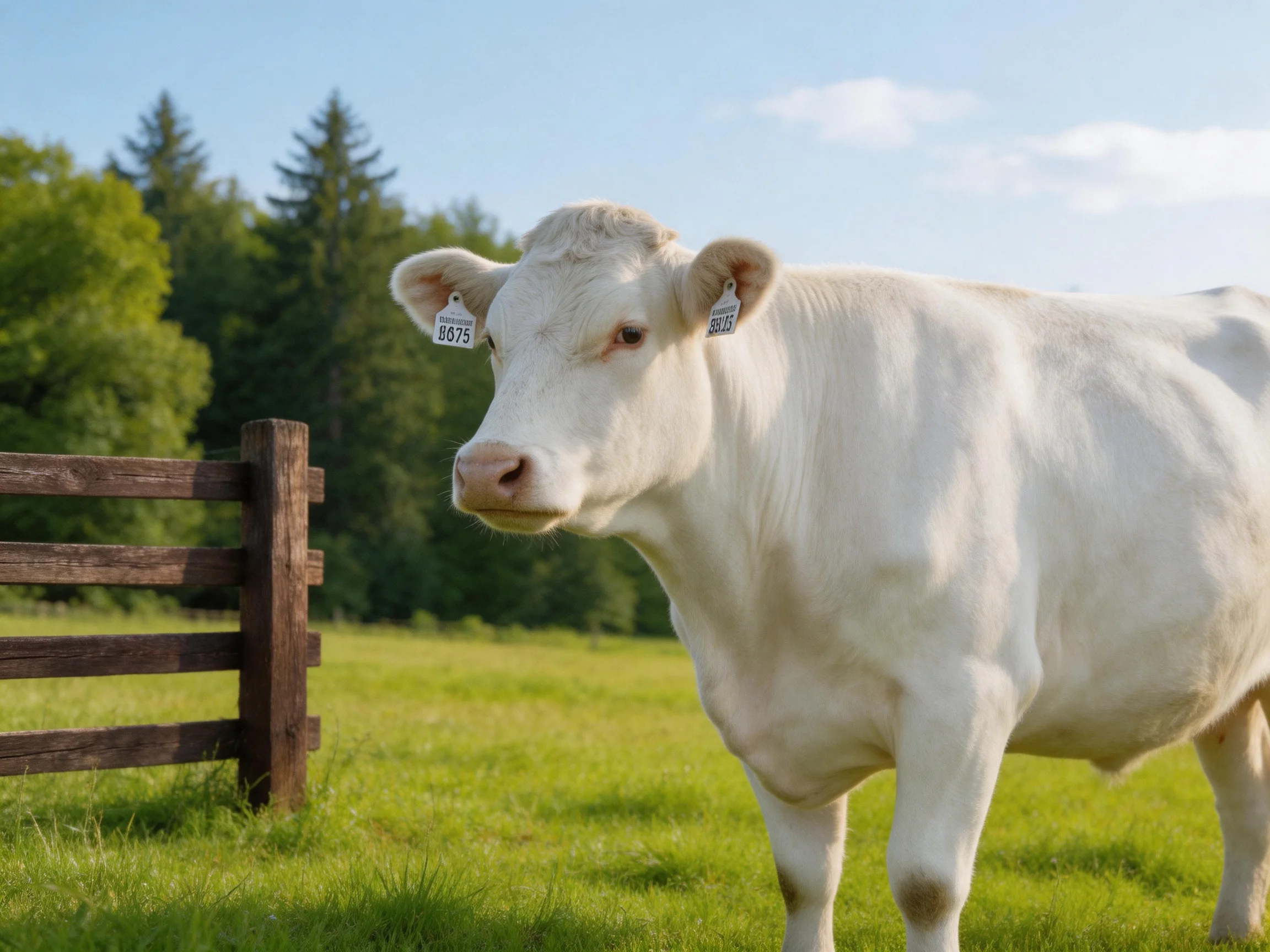 A white cow is near a wooden fence in a sunlit green pasture.