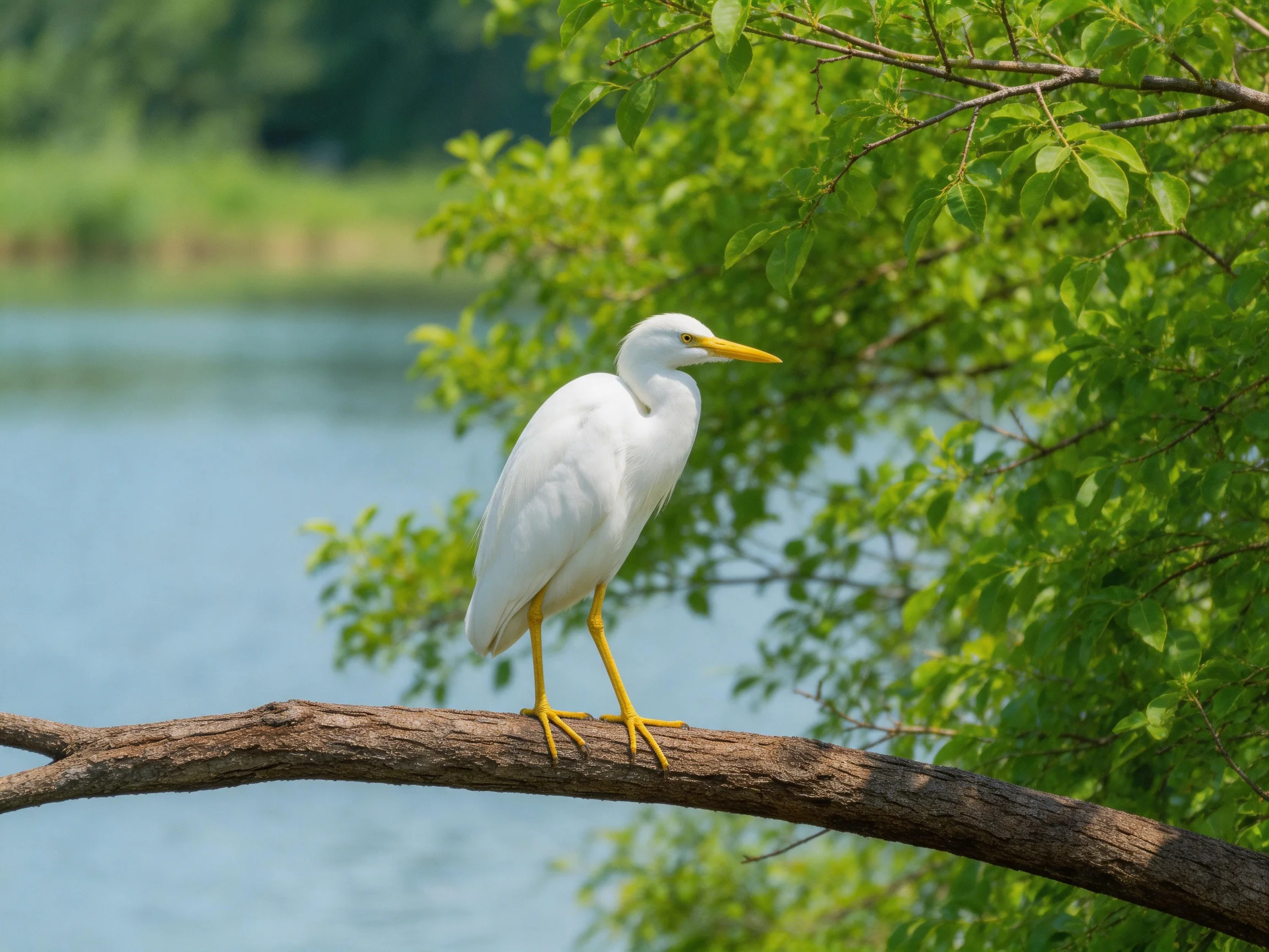 A white egret perched on a tree branch by calm waters