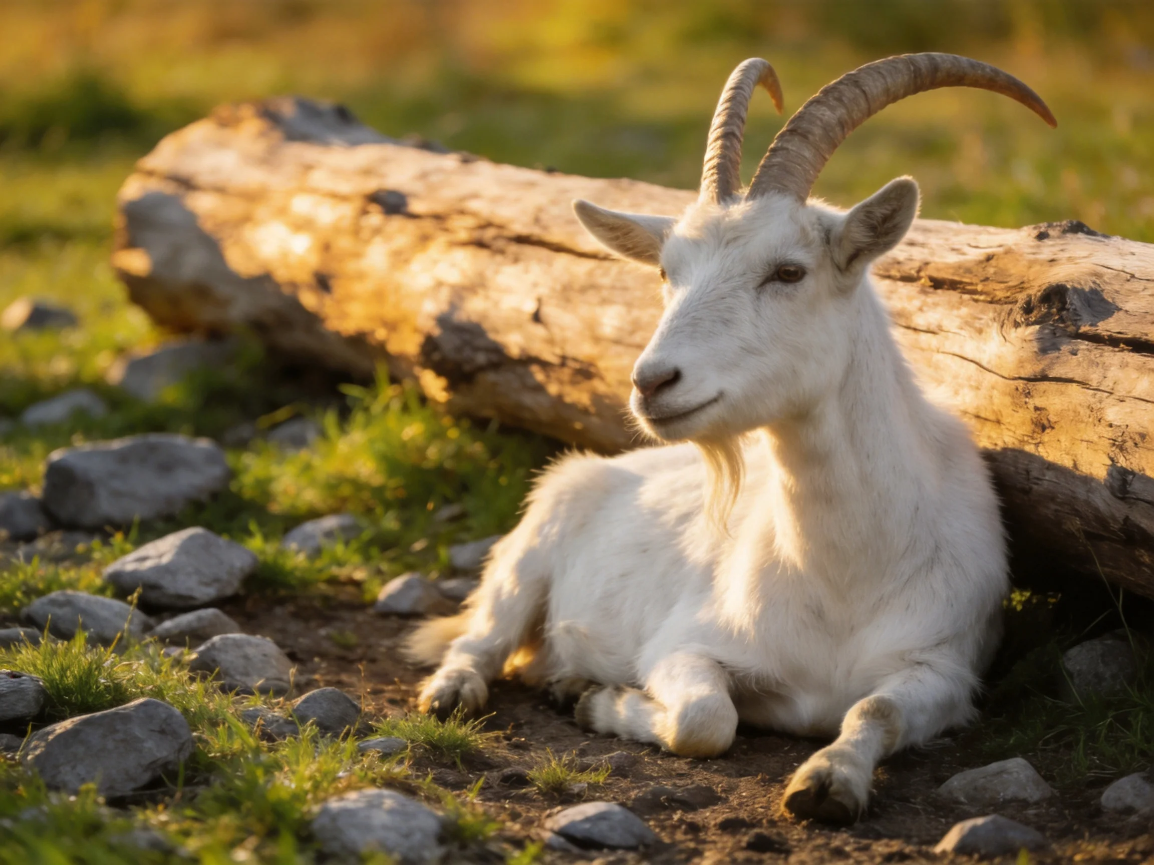 A white goat rests near a large fallen log with rocky surroundings