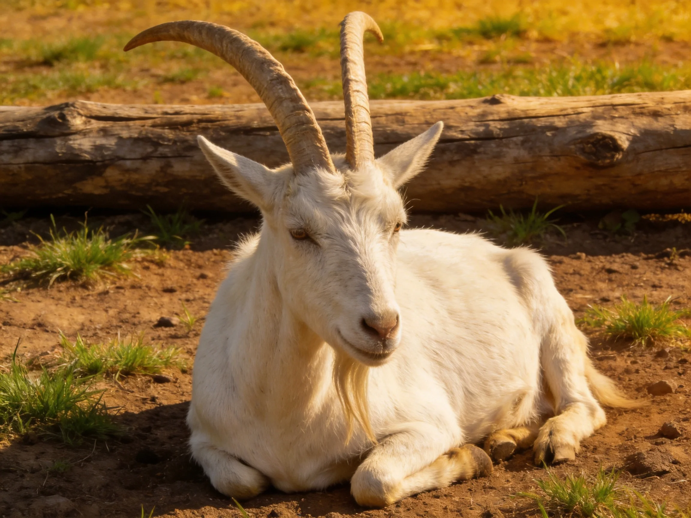 A white goat with curved horns rests near a fallen log