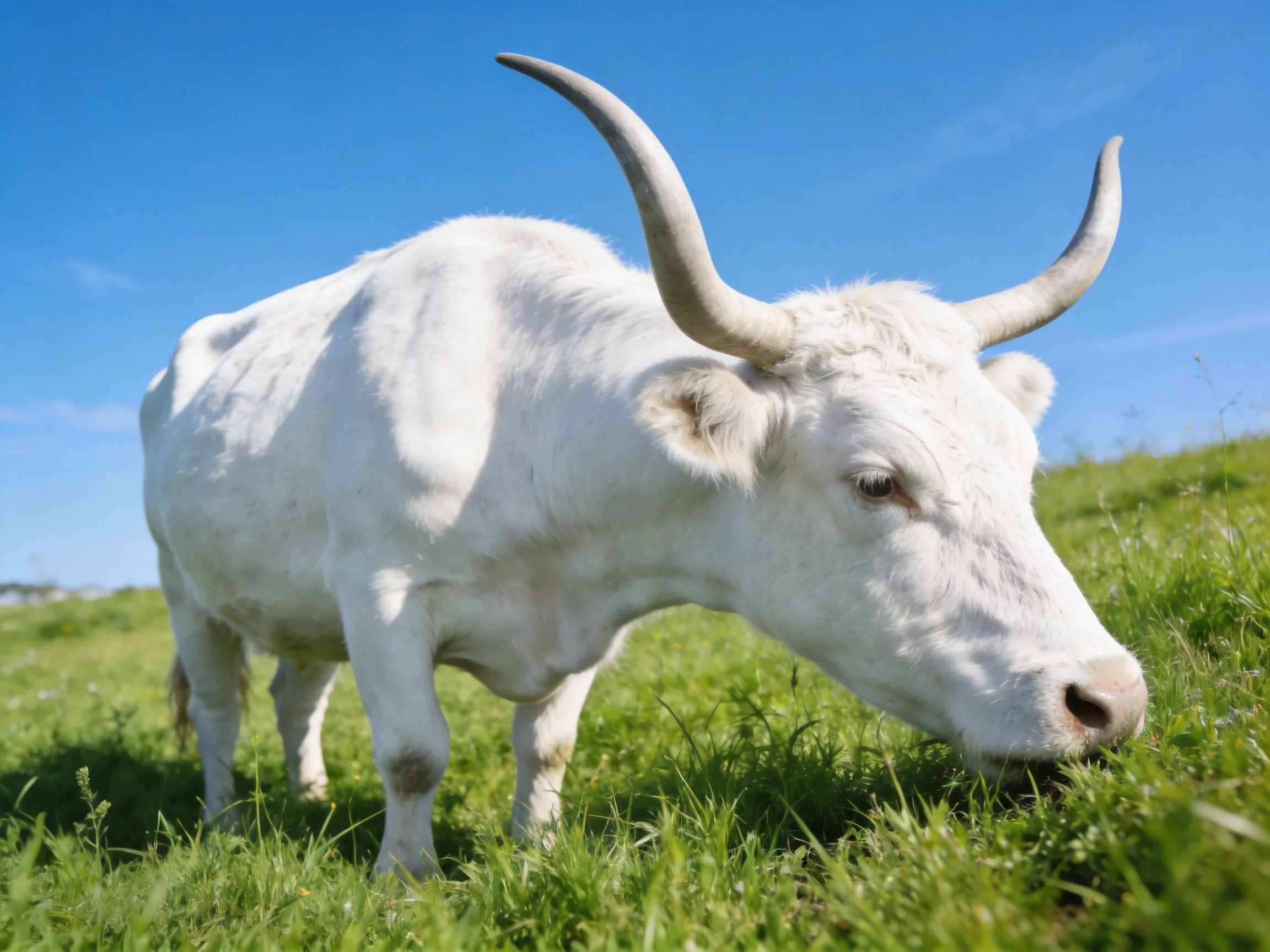 A white horned cow grazing in a lush green meadow under clear blue sky
