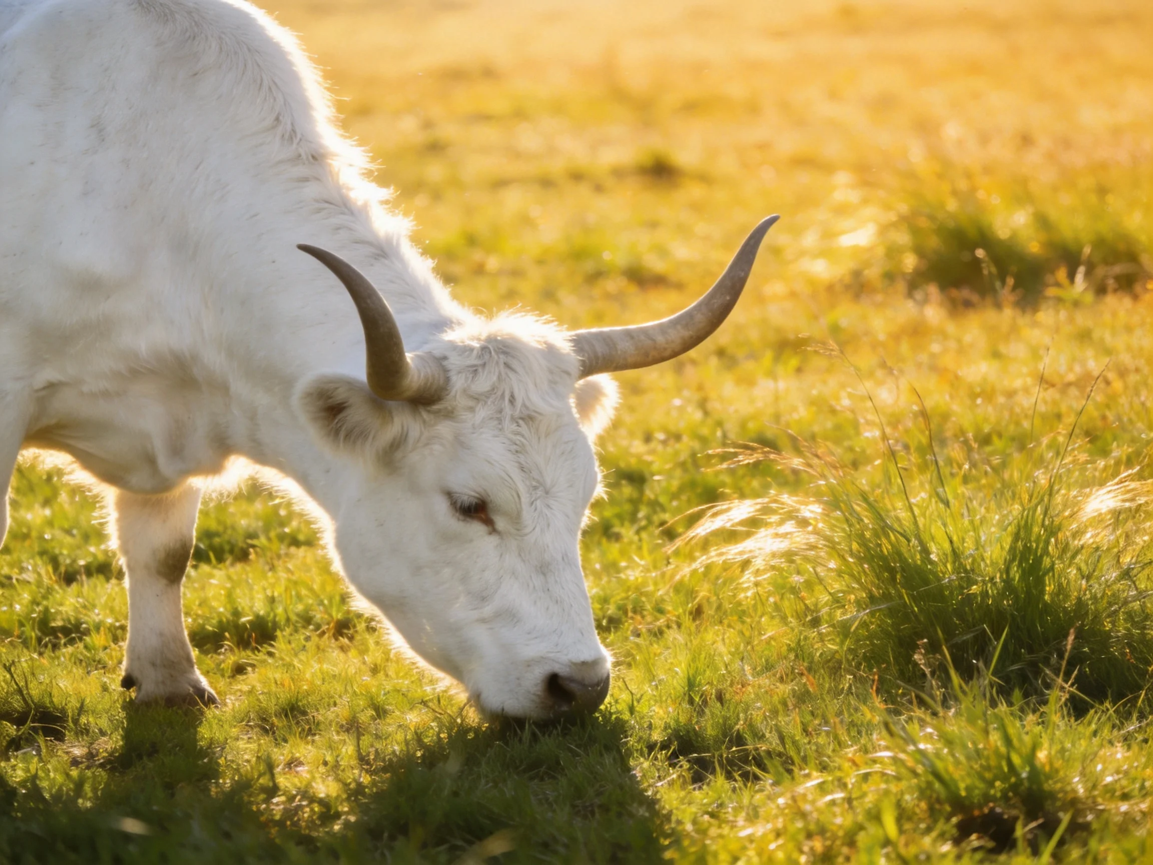 A white horned cow grazing in a sunlit grassy field