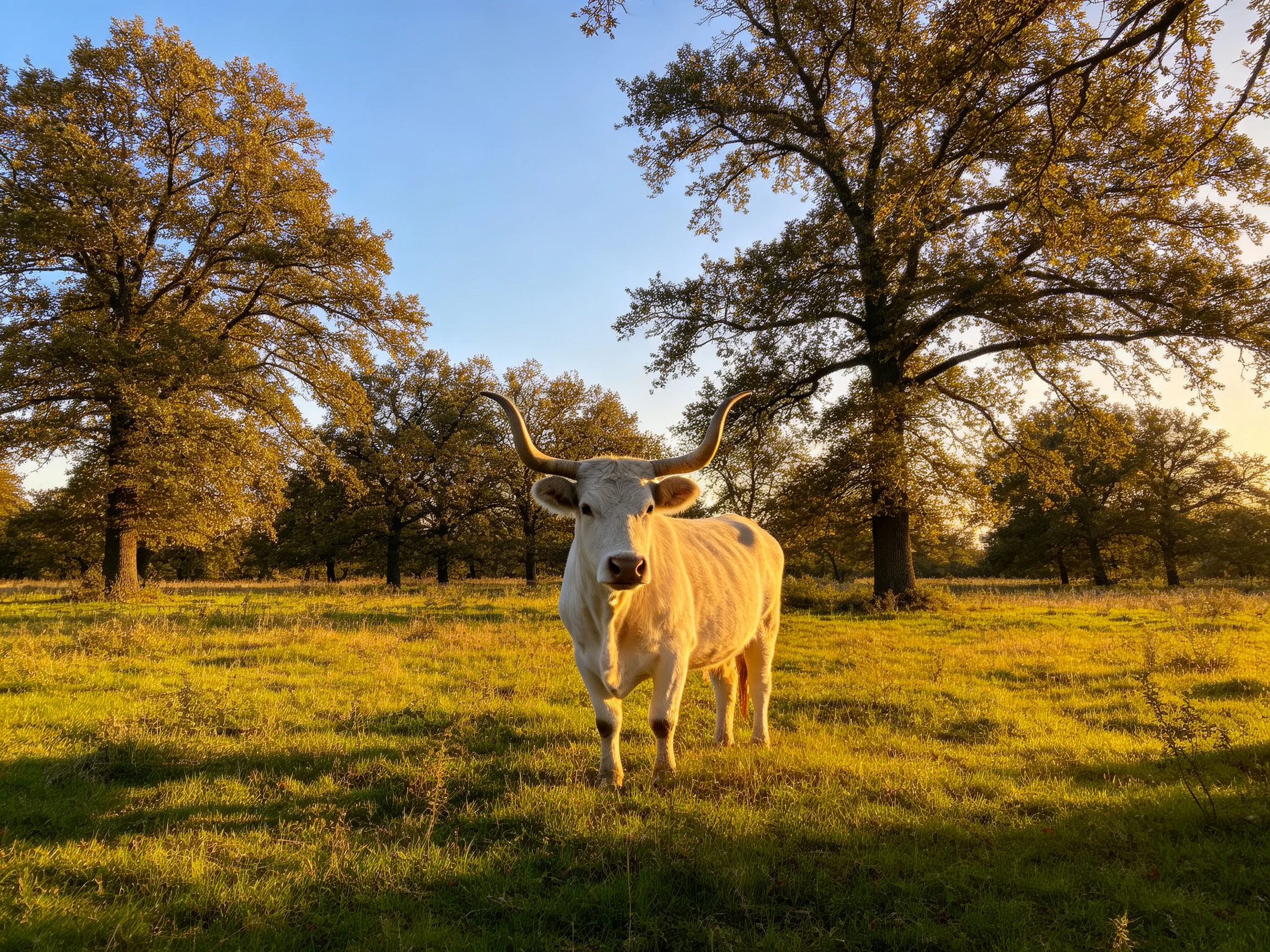 A white horned cow in a sunlit grassy field with tall trees