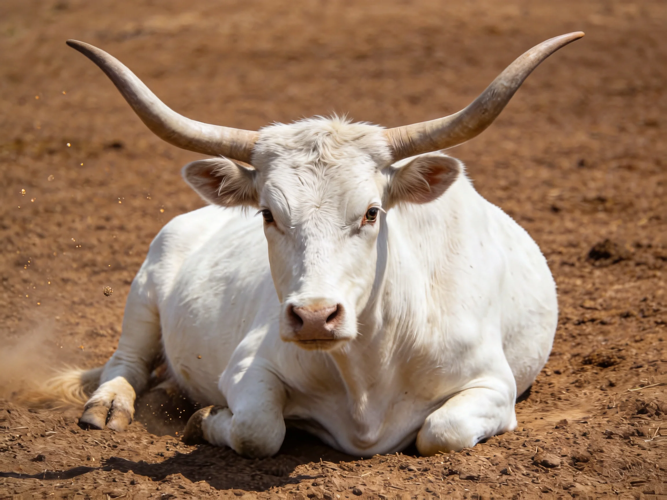A white horned cow rests on reddish-brown earth