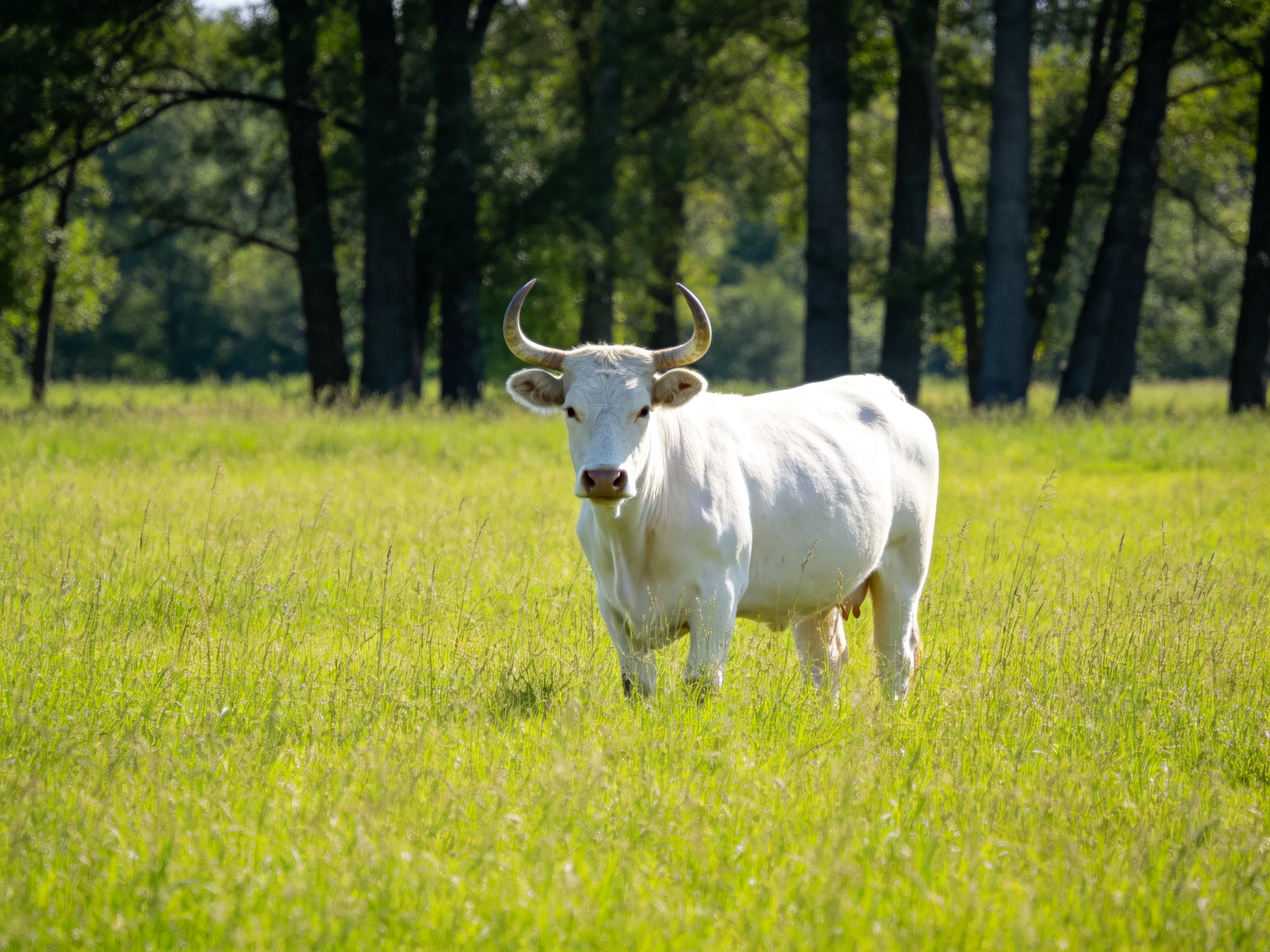 A white horned cow stands in a lush green meadow near tall trees