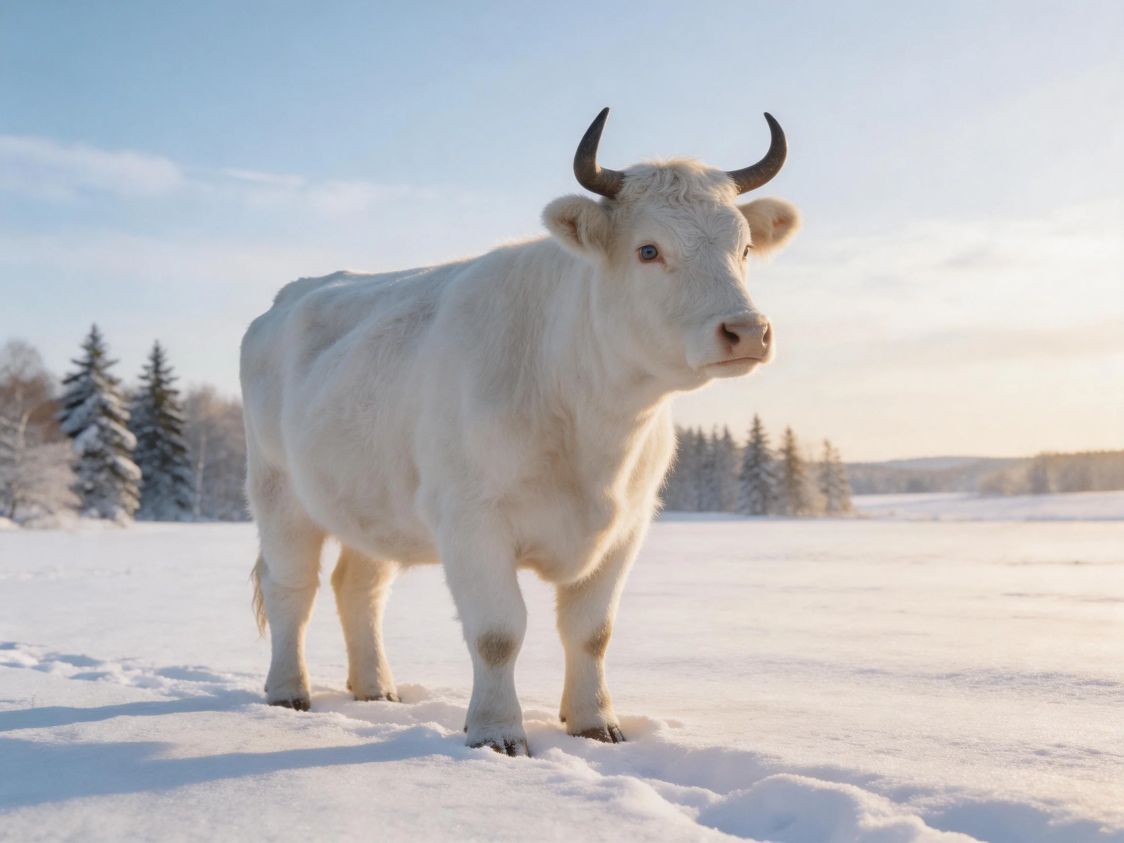 A white horned cow stands in a vast snowy landscape