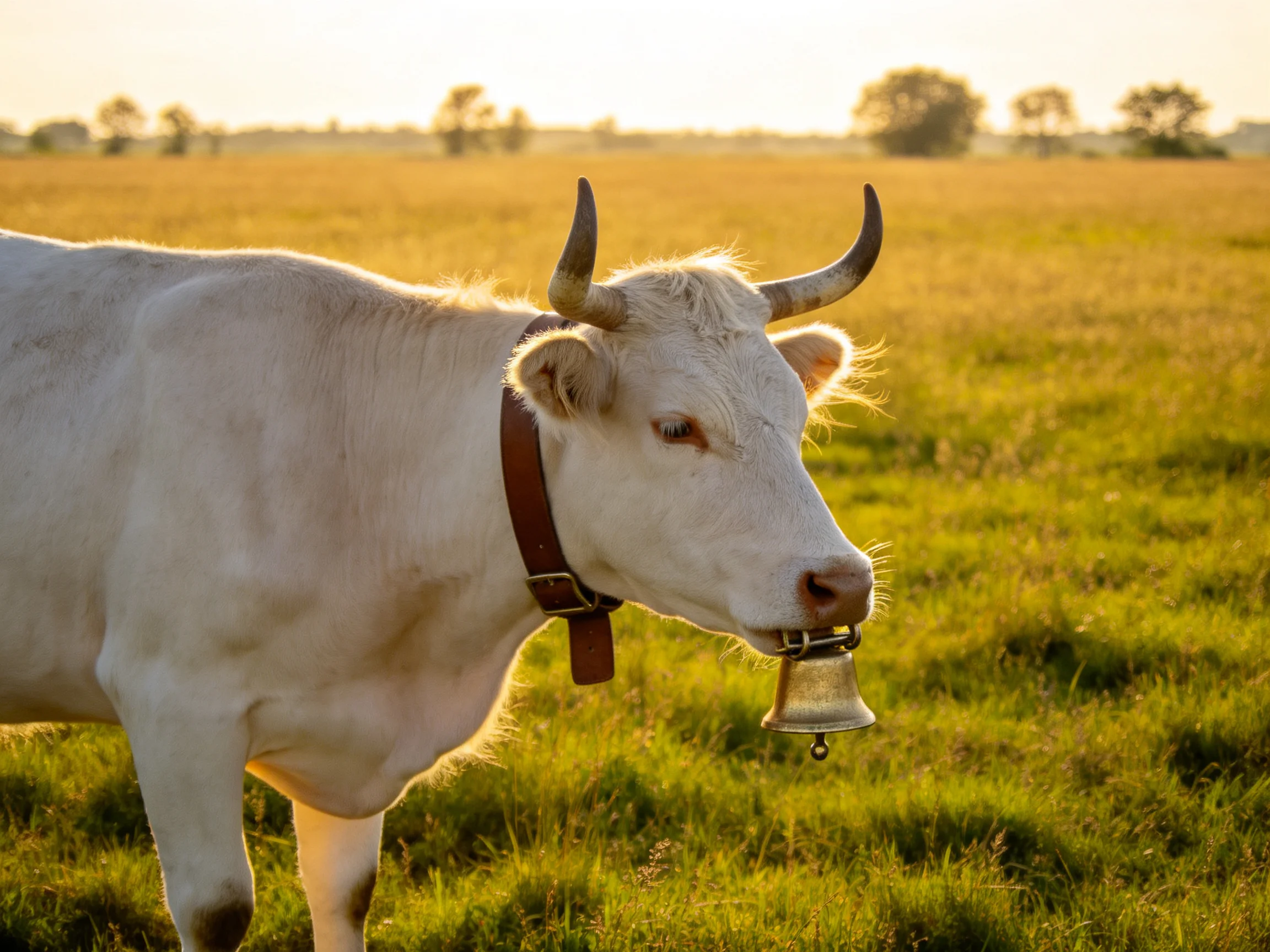 A white horned cow with a bell in a sunlit meadow