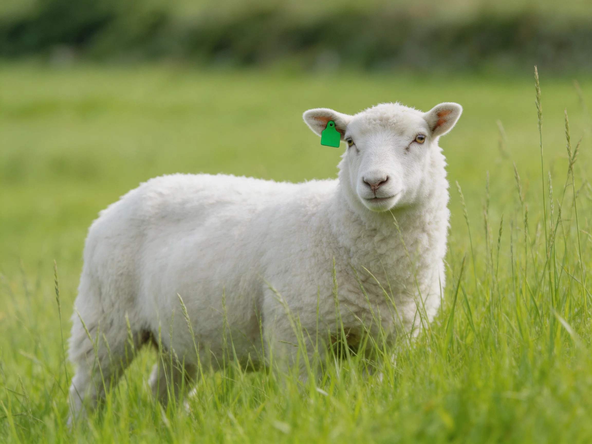 A white lamb with a green ear tag stands in lush green grass