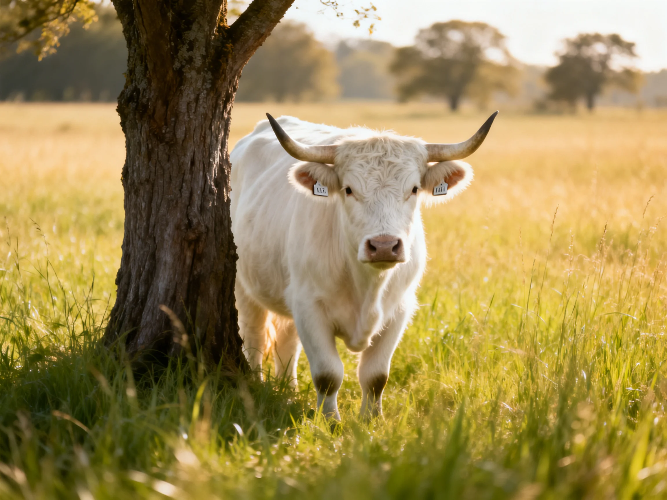 A white long-horned cow near a gnarled tree in golden grassland