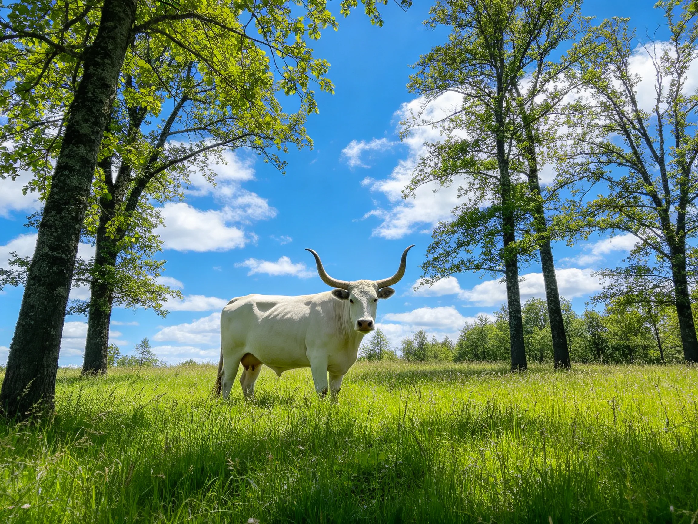 A white longhorn cow in a lush green meadow with tall trees