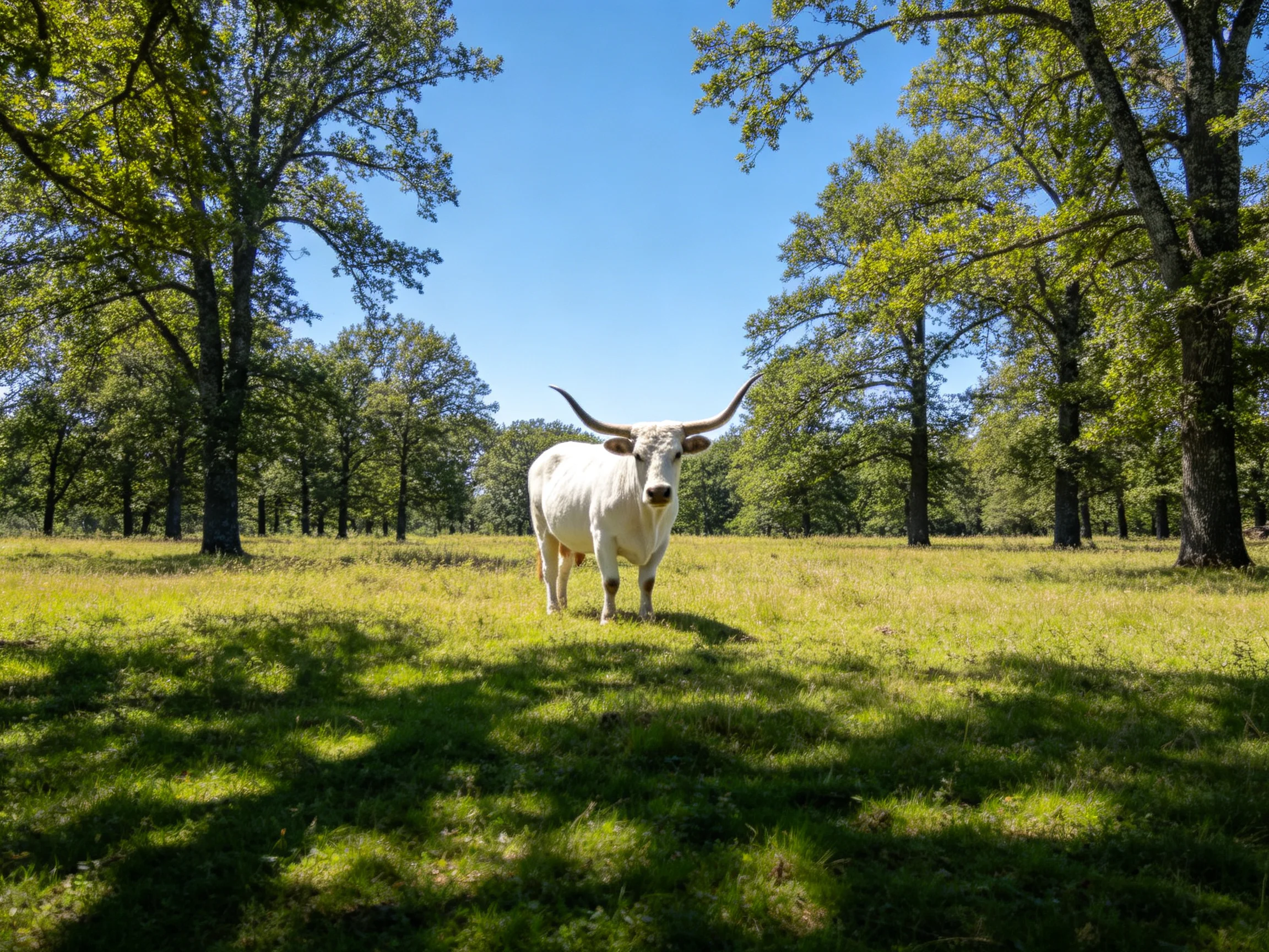A white longhorn cow stands in a sunlit green meadow with tall trees
