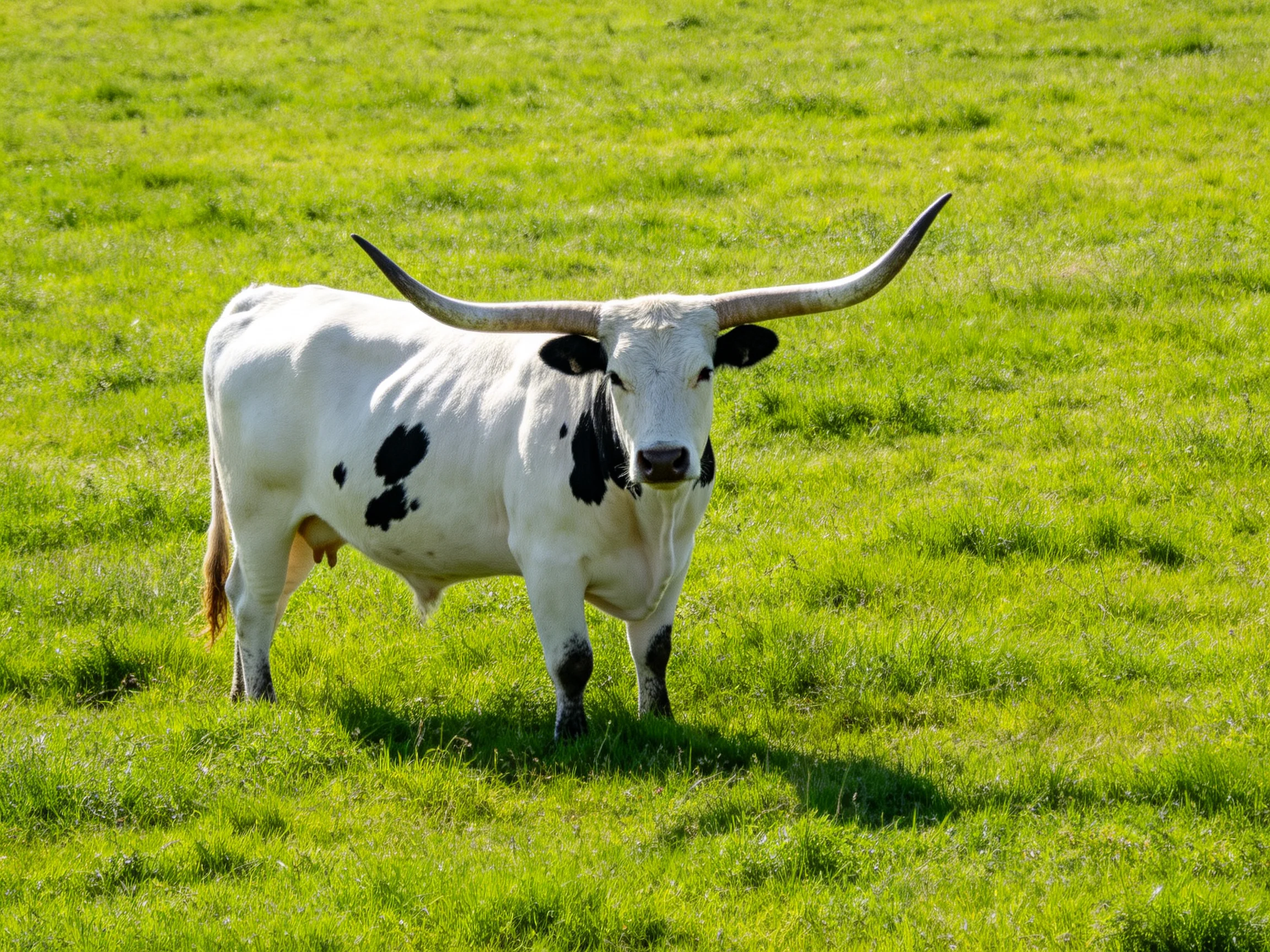 A white longhorn cow with black patches in a sunlit green pasture