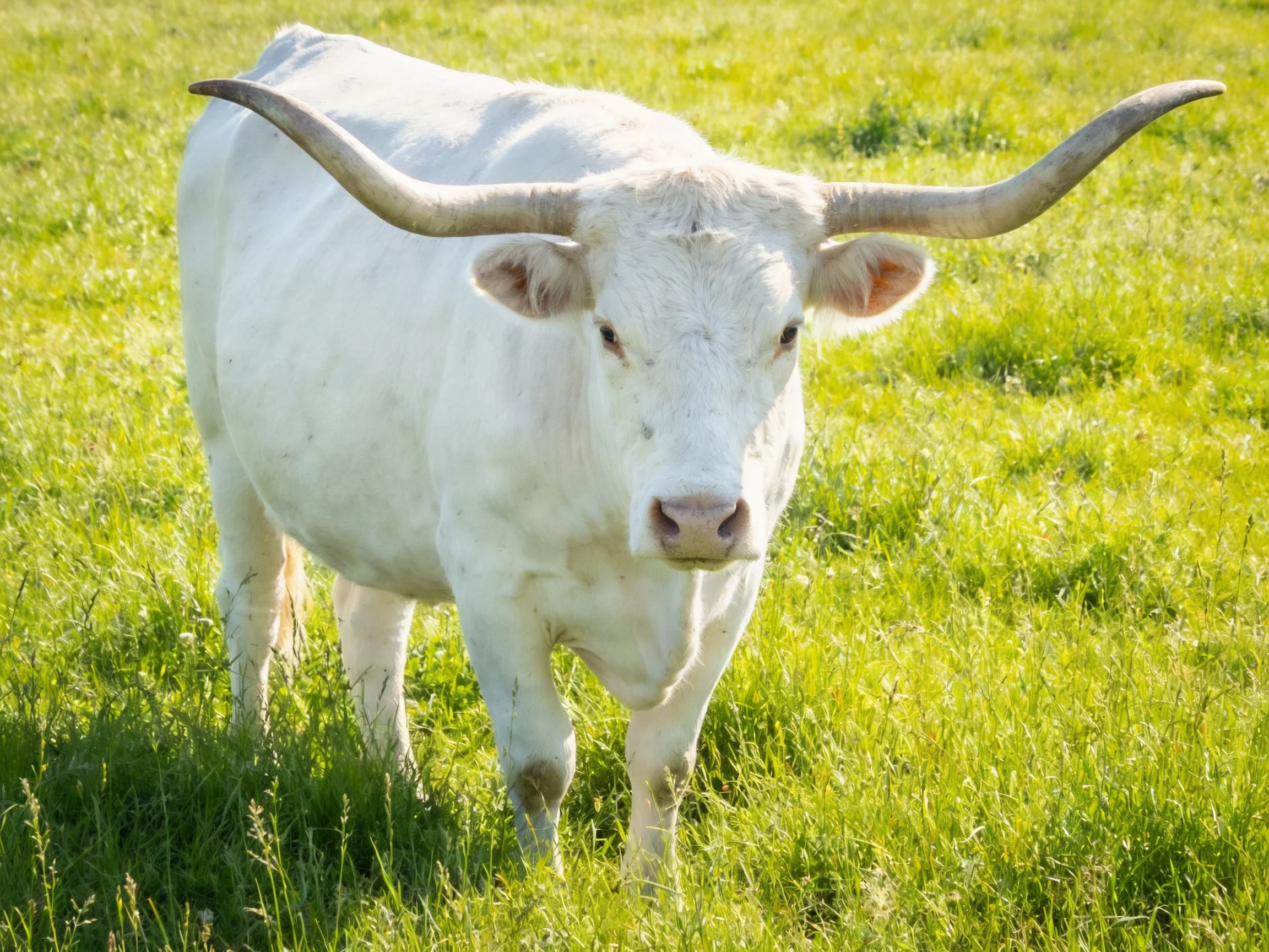 A white longhorn cow stands in a sunlit grassy field.