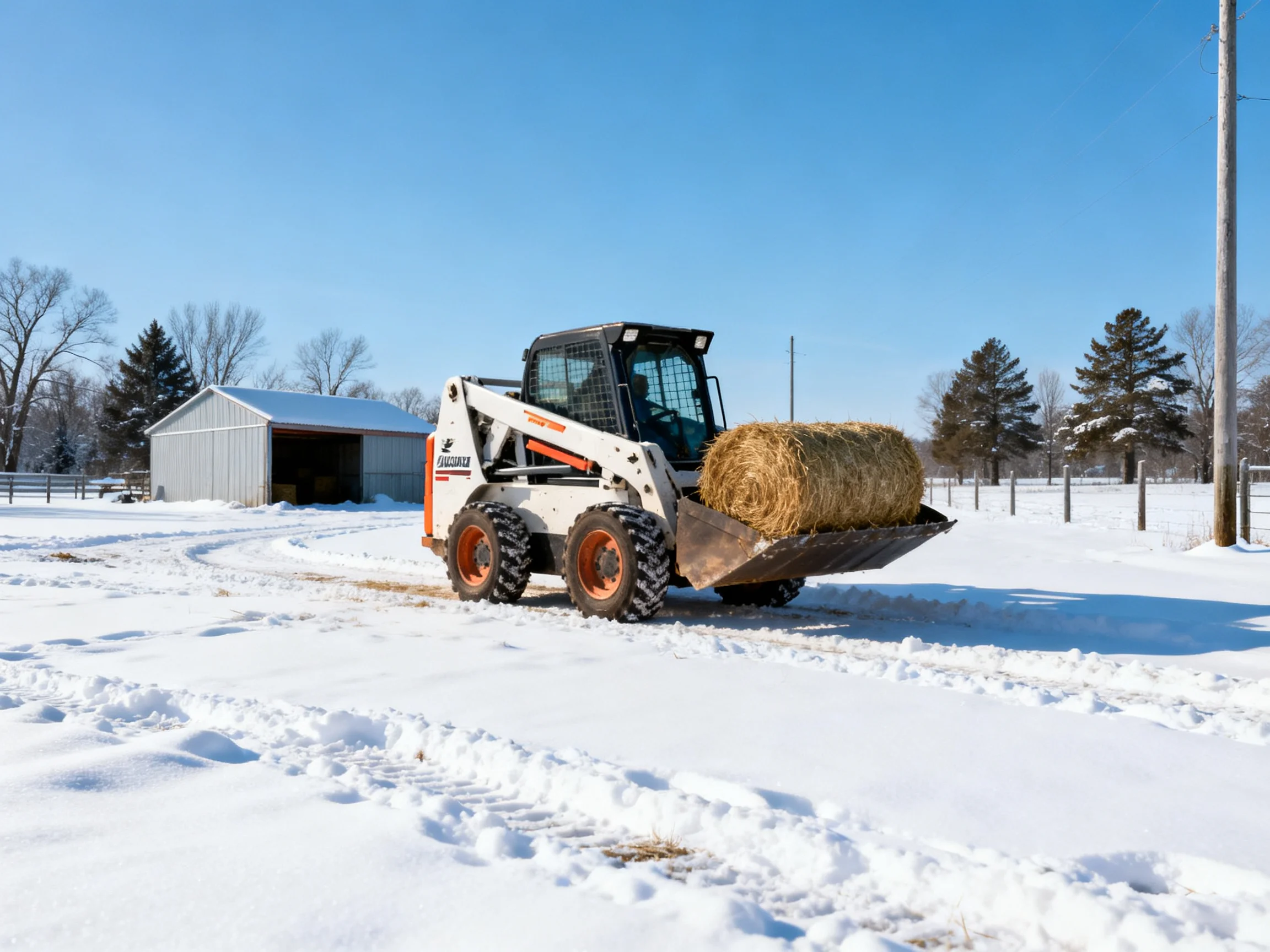 A white skid - steer loader carrying a large hay bale in a snowy farm setting