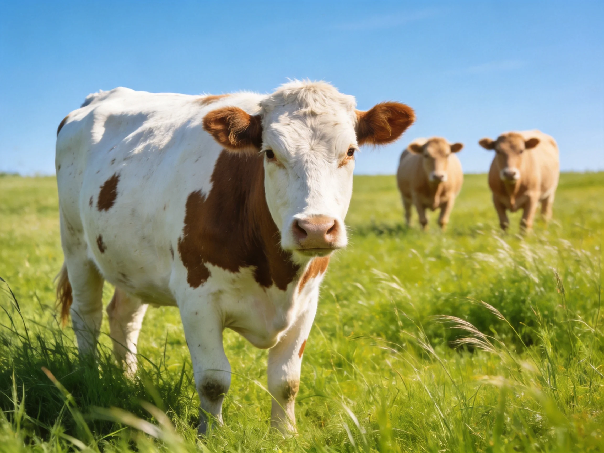 A white-spotted cow leads two tan cows in a sunlit green pasture