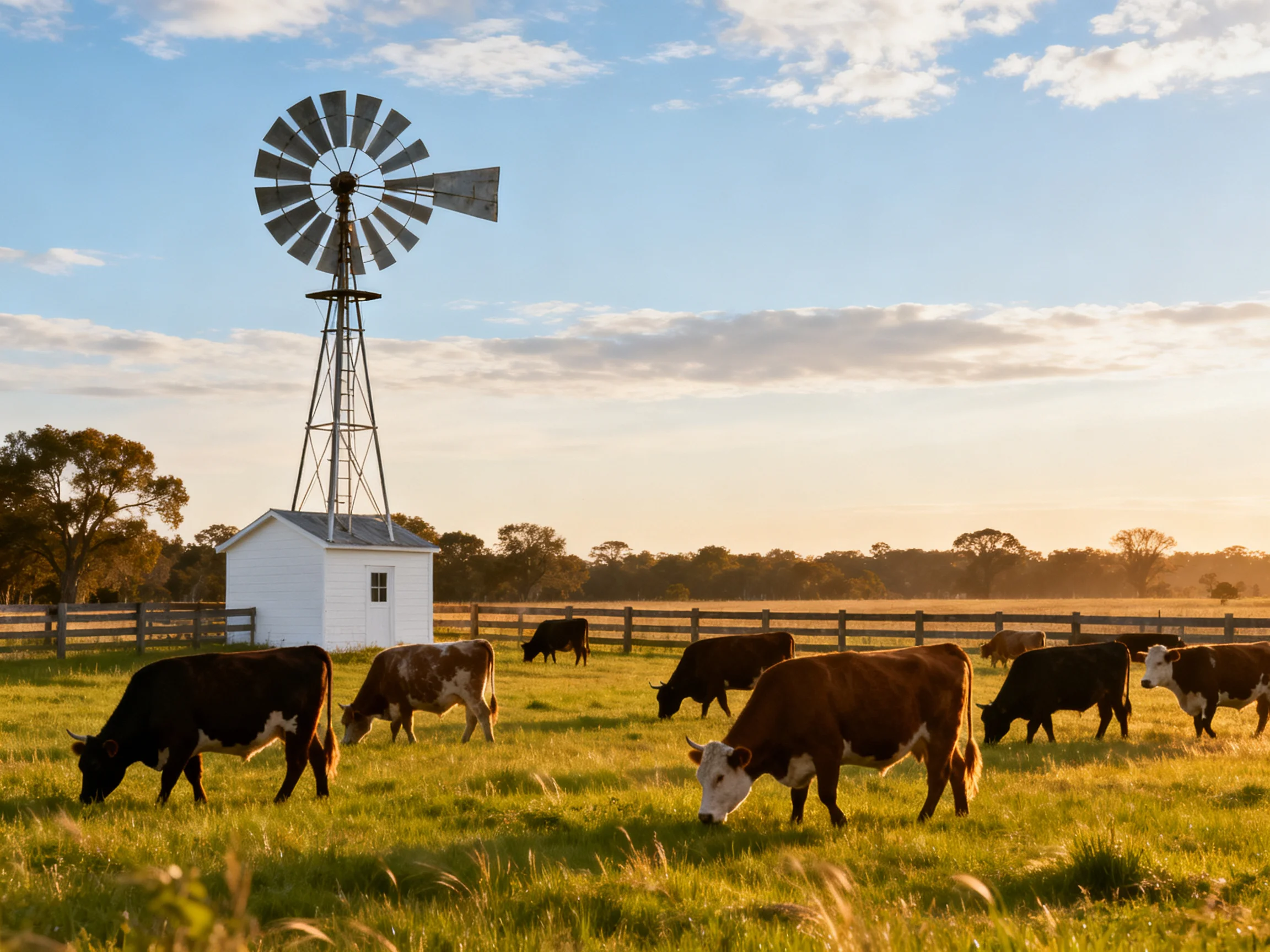 A white windmill overlooks a golden pasture with grazing cattle