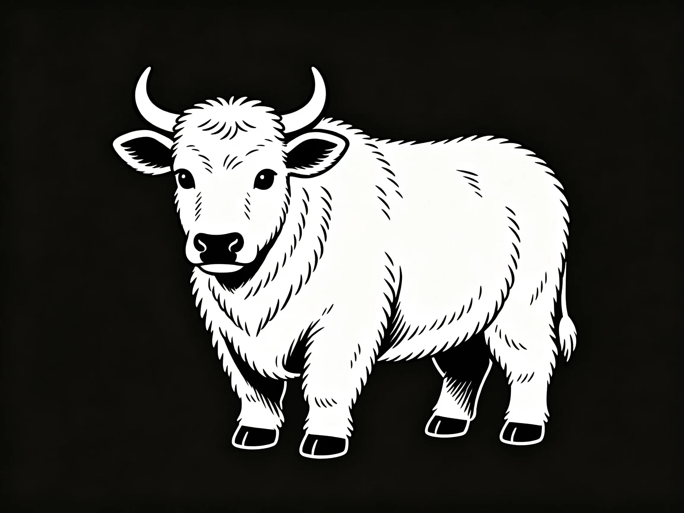 A white yak illustrated with bold black outlines on a solid black background