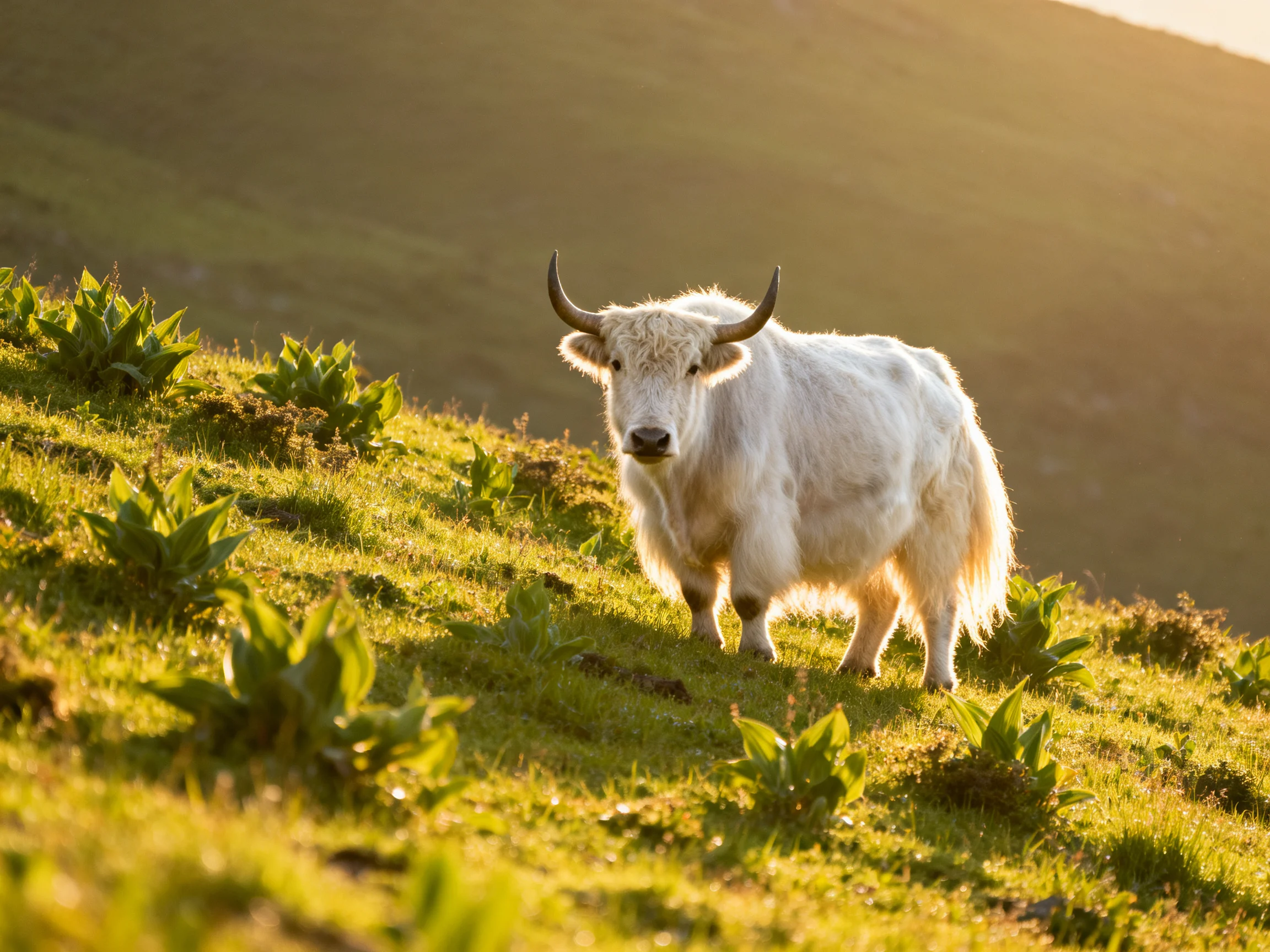 A white yak stands on a lush green hillside bathed in golden sunlight