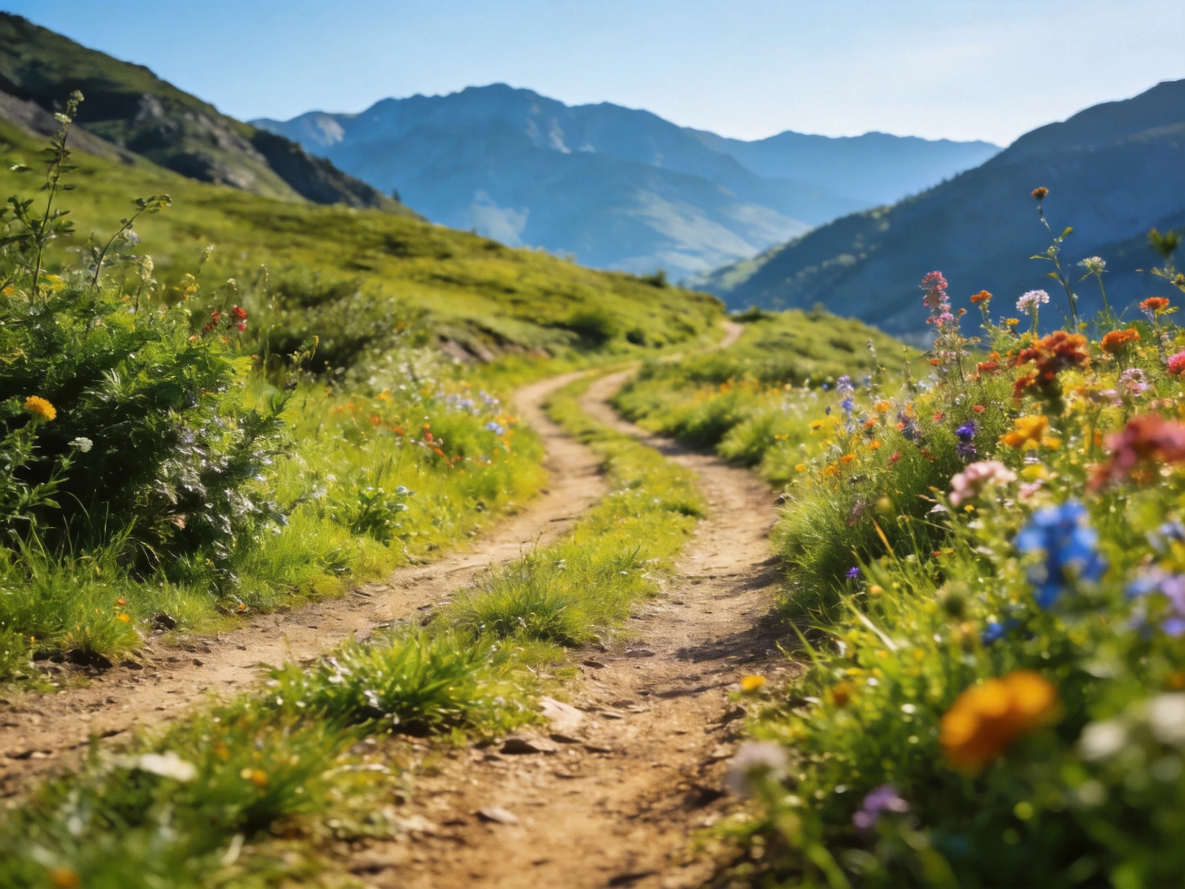 A winding dirt path through vibrant wildflower meadows near mountain peaks