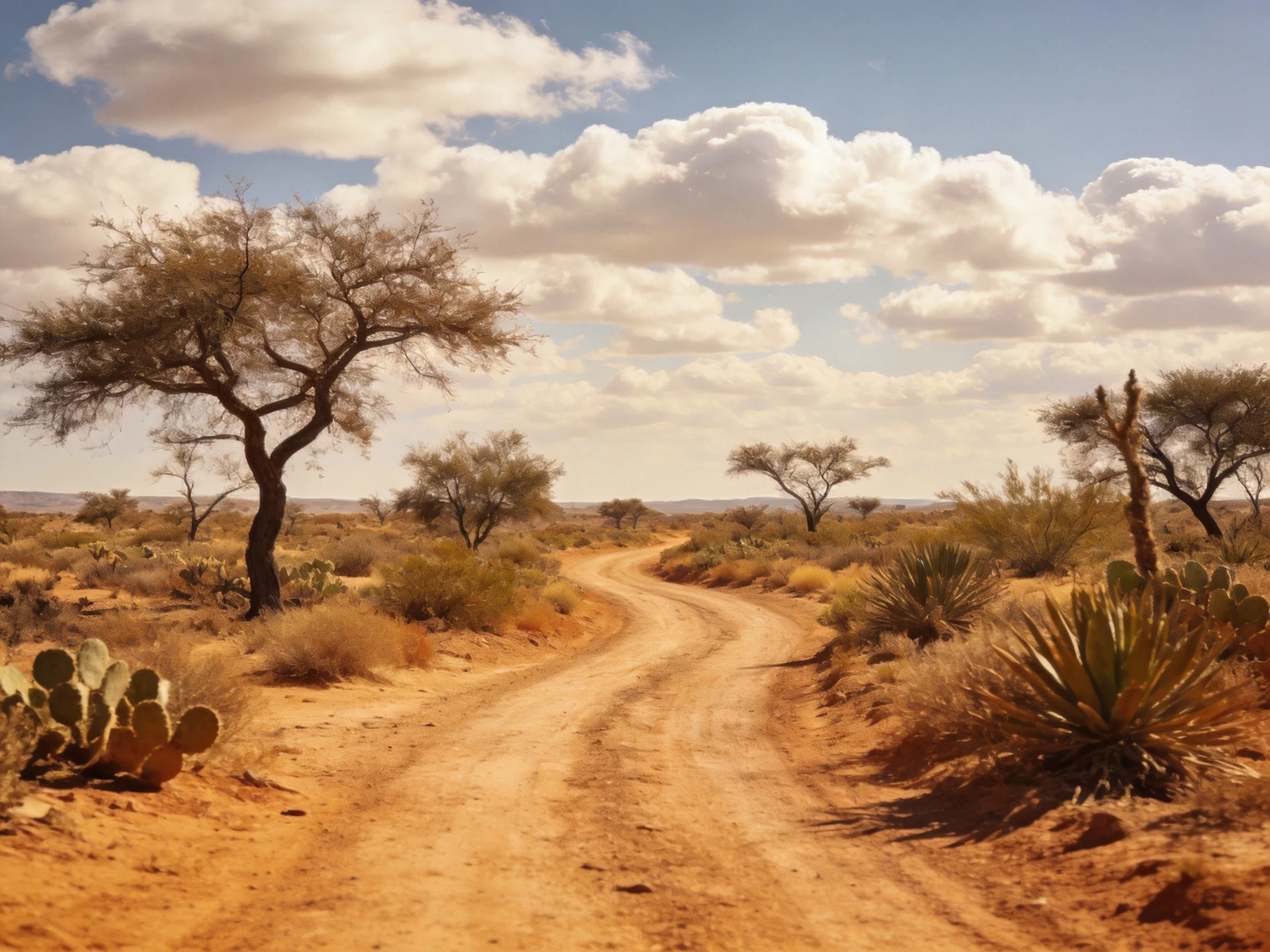 A winding dirt road cuts through an arid desert landscape